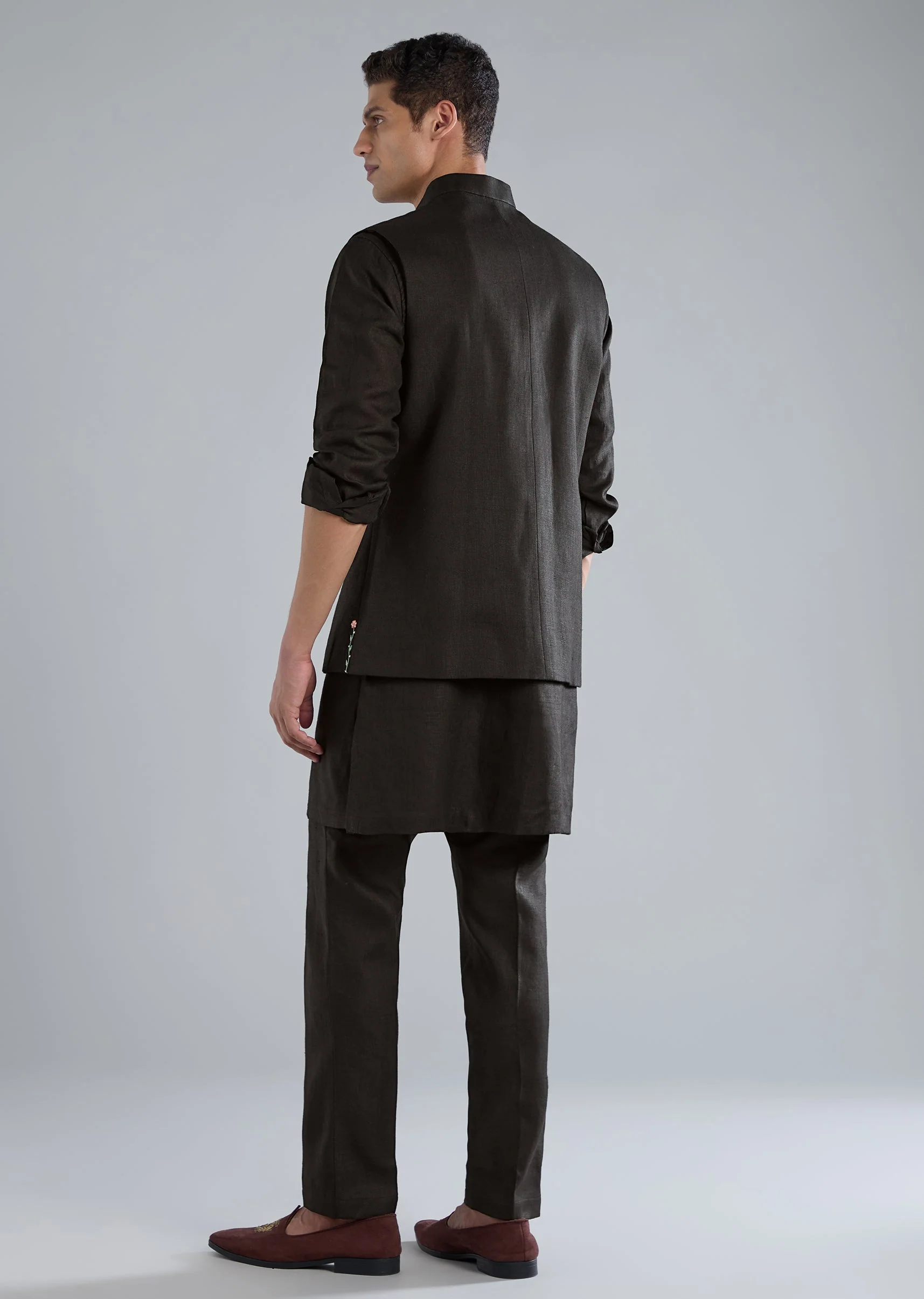 Black Linen Kurta Jacket Set With Thread Resham Work - Image 5