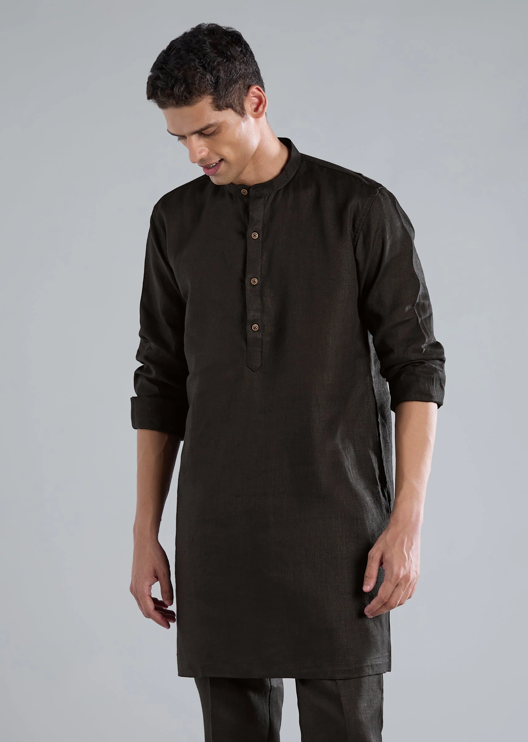 Black Linen Kurta Jacket Set With Thread Resham Work - Image 6