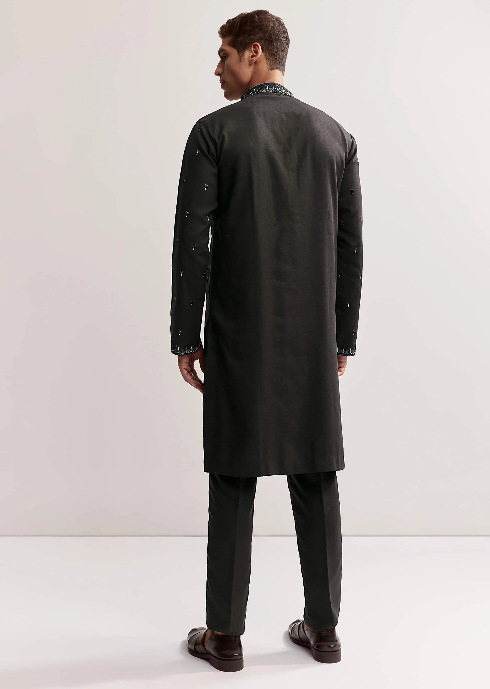 Black Linen Kurta Set For Men With Resham And Moti Work - Image 5