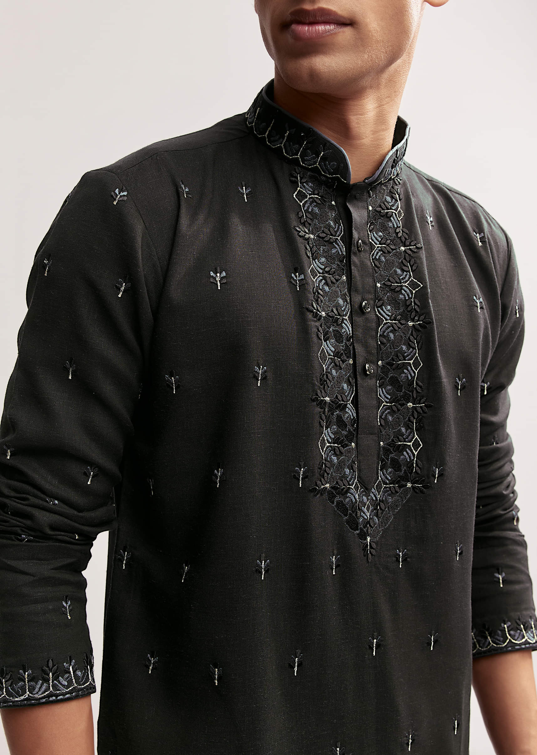 Black Linen Kurta Set For Men With Resham And Moti Work - Image 7