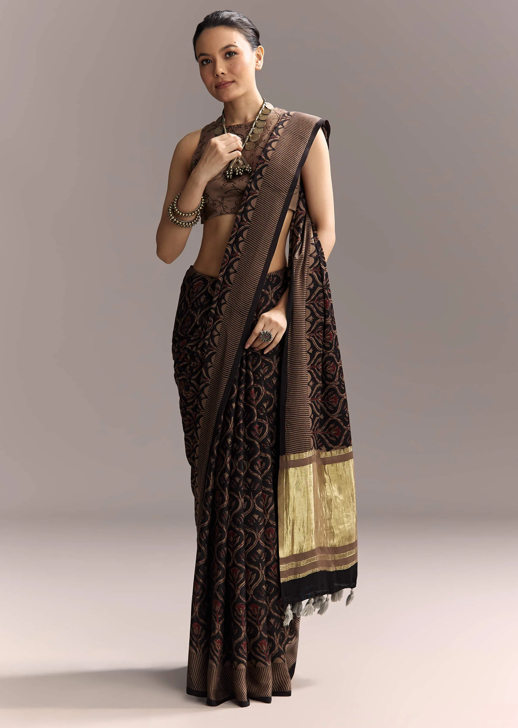 Black Linen Saree With Authentic Ajrakh Print And Golden Pallu