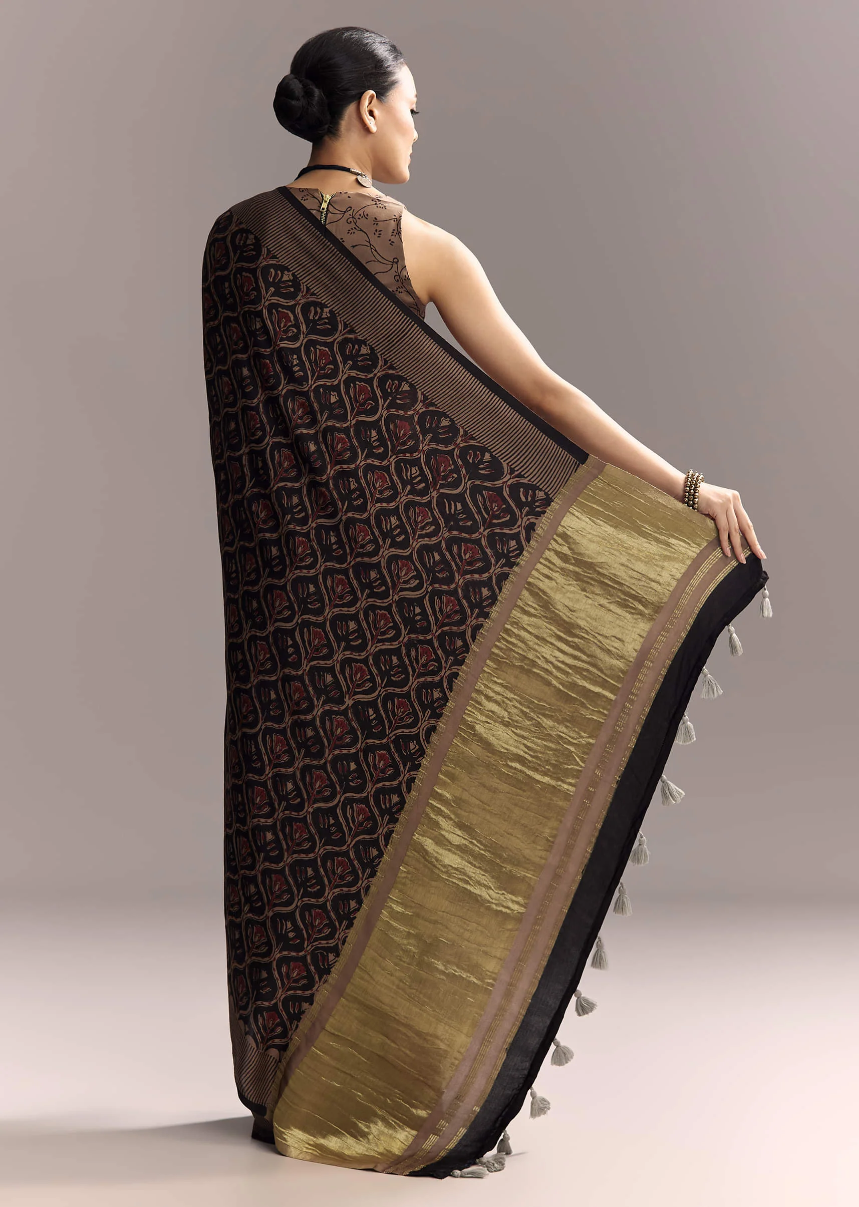 Black Linen Saree With Authentic Ajrakh Print And Golden Pallu - Image 4