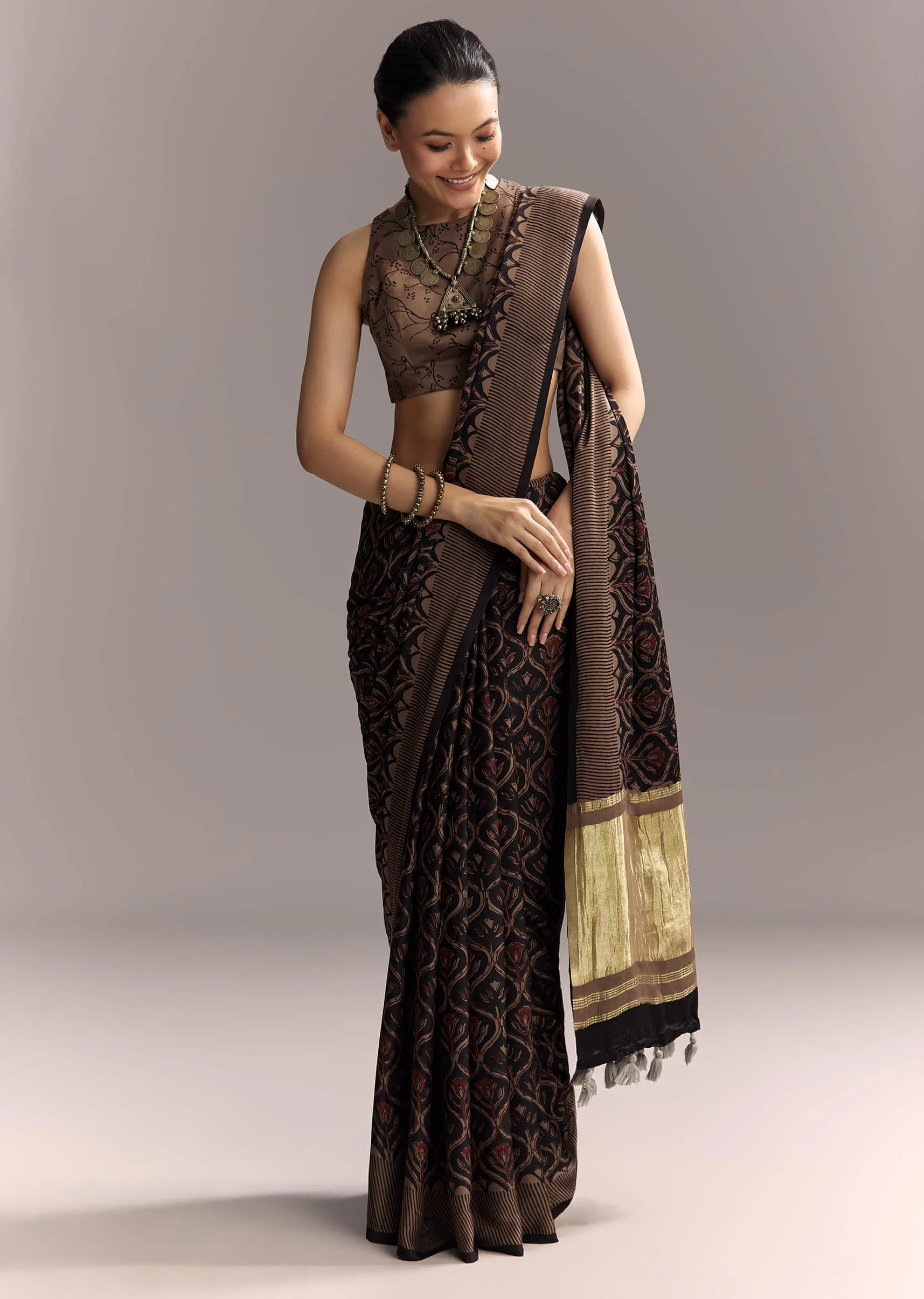 Black Linen Saree With Authentic Ajrakh Print And Golden Pallu - Image 5