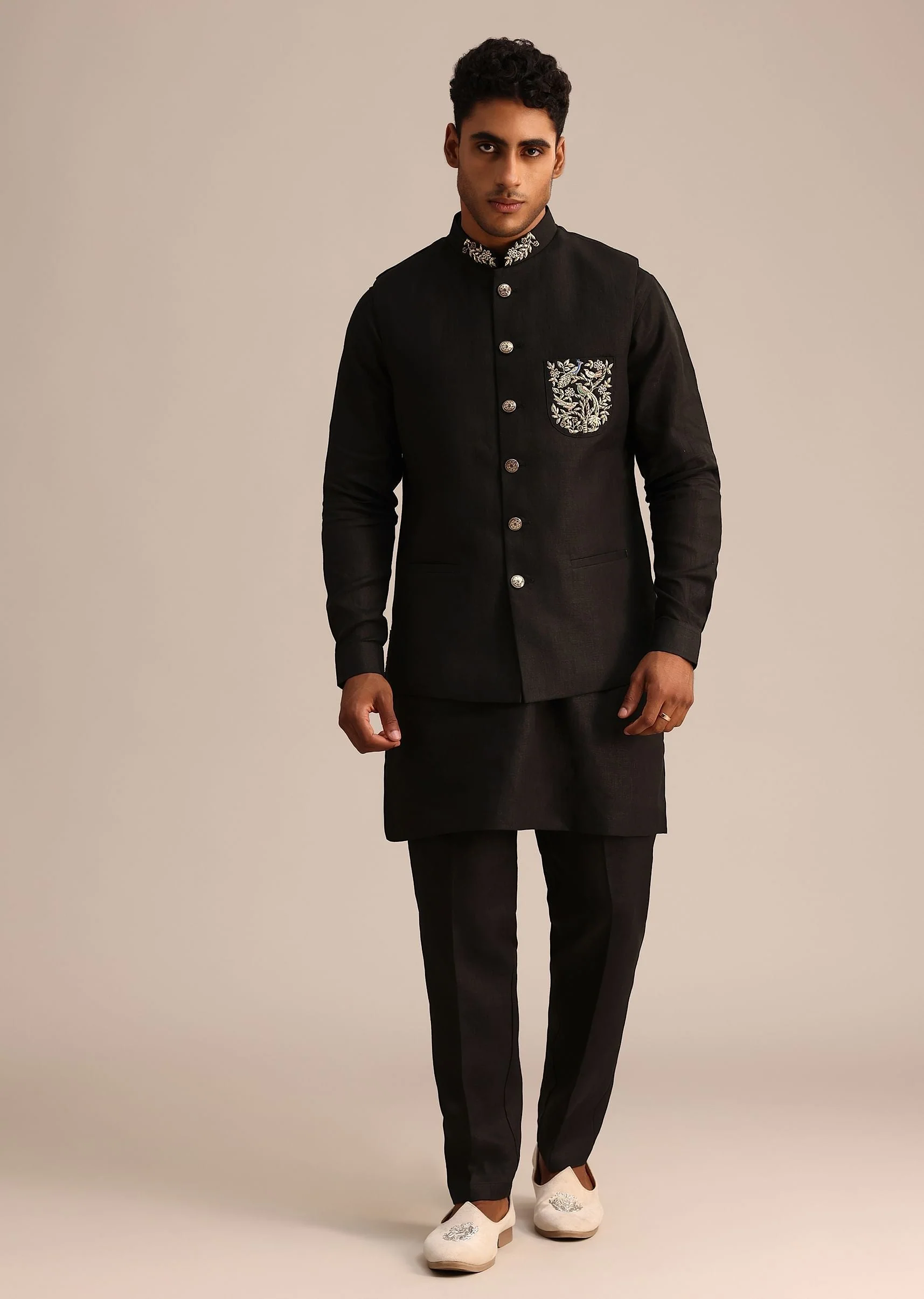Black Linen Zardosi Embroidered Jacket Kurta Set - Image 2