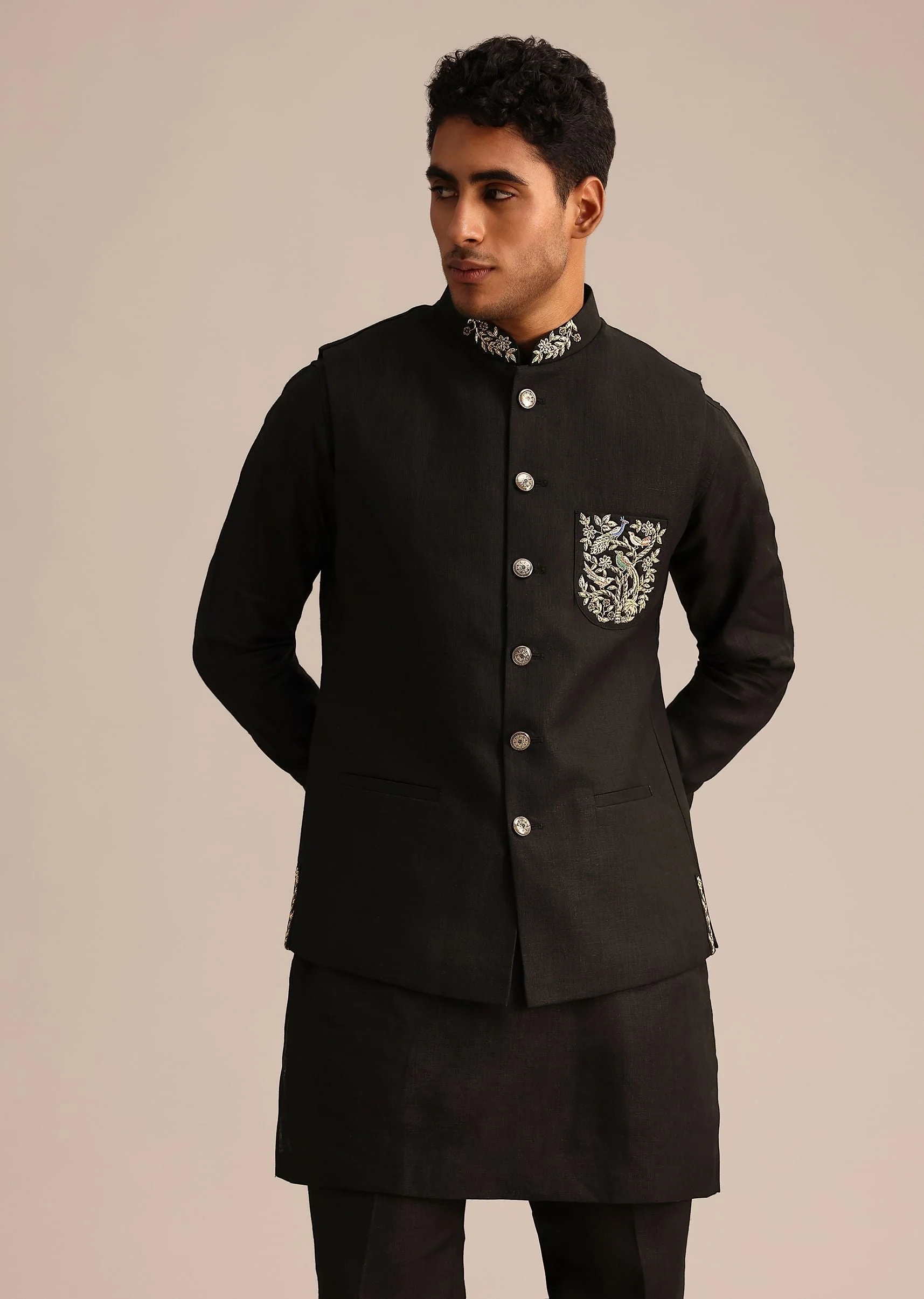 Black Linen Zardosi Embroidered Jacket Kurta Set - Image 3
