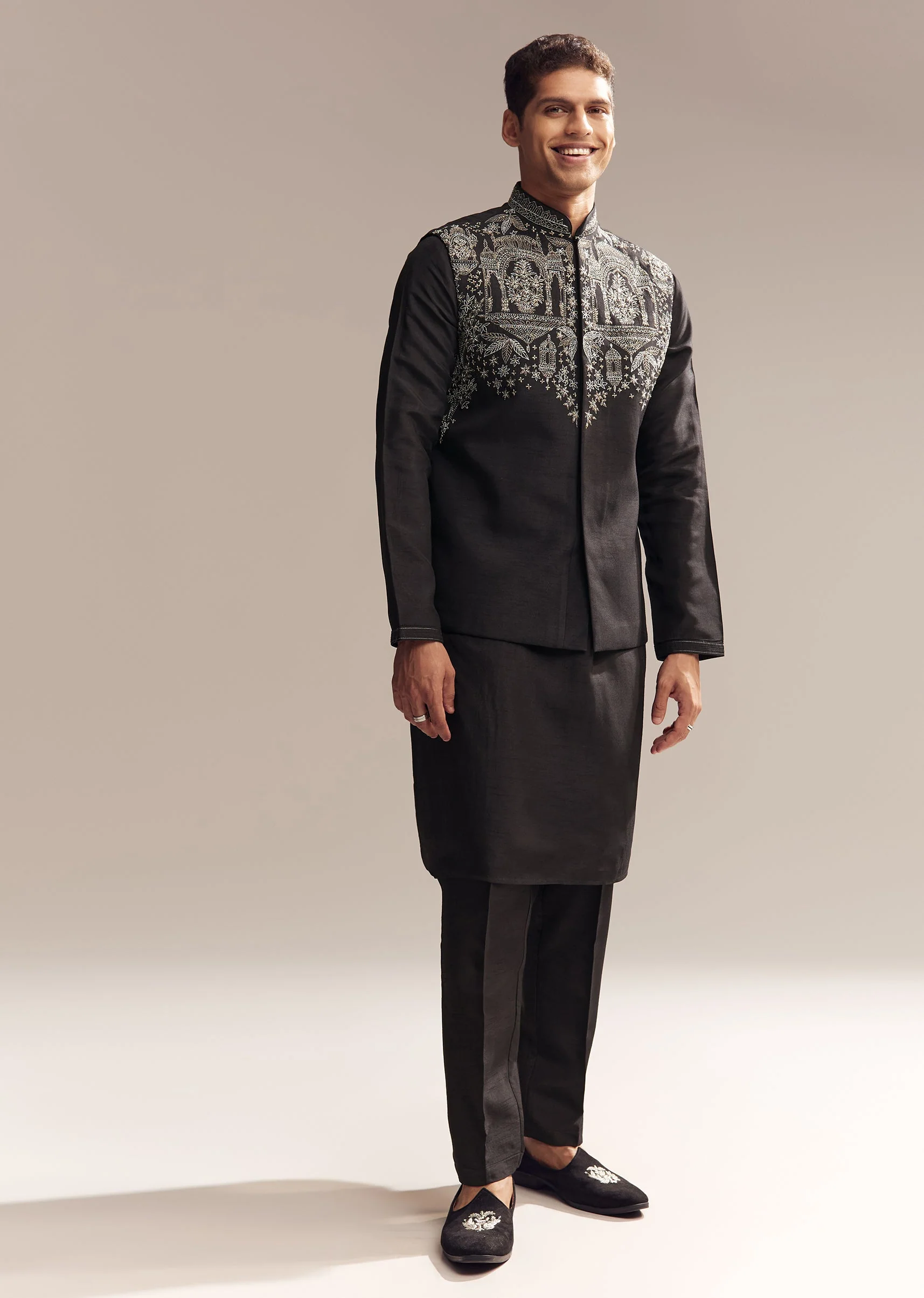 Black Luxe Duo – Palazzo Suit For Her And Jacket Kurta Set For Him - Image 12