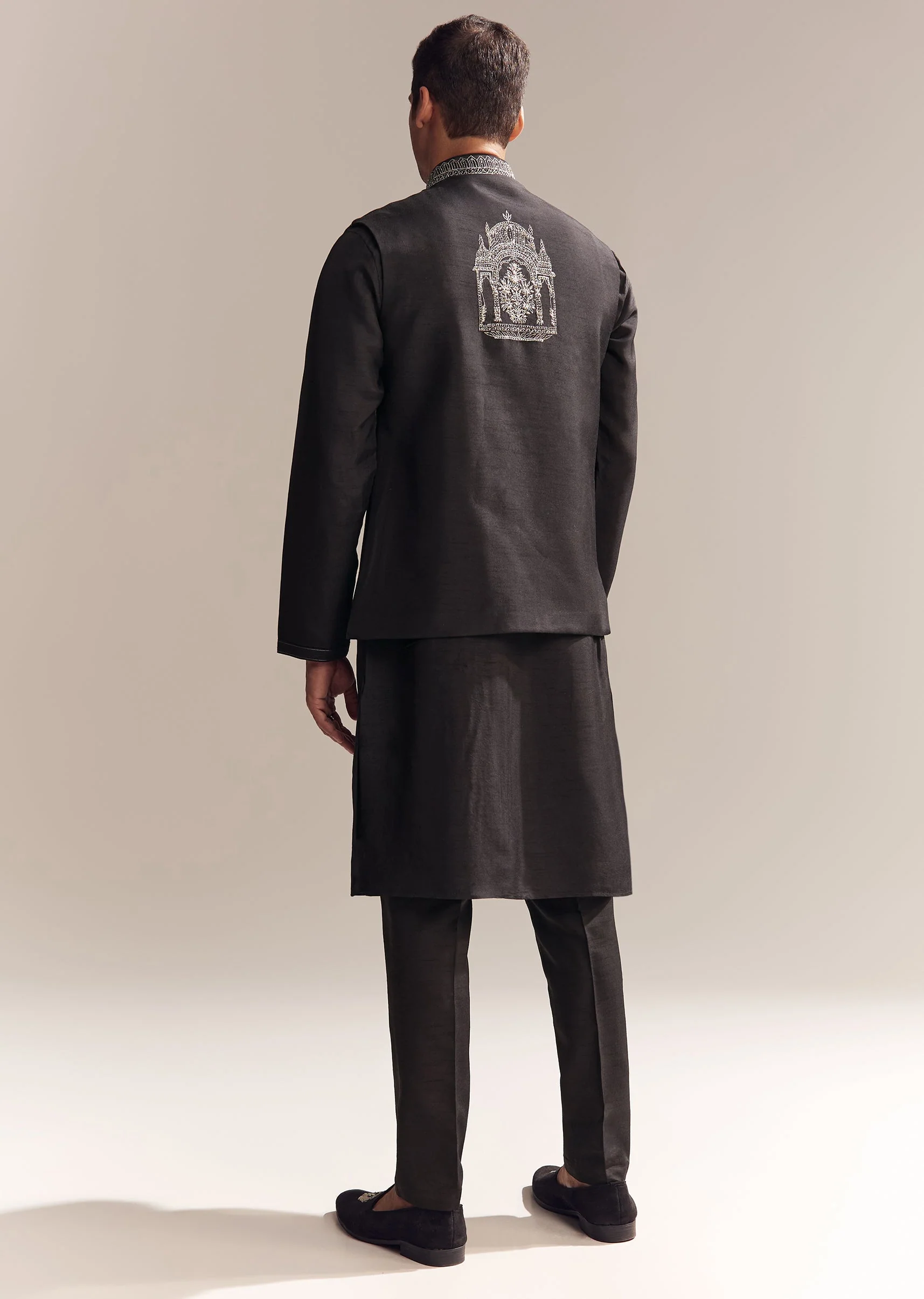Black Luxe Duo – Palazzo Suit For Her And Jacket Kurta Set For Him - Image 13