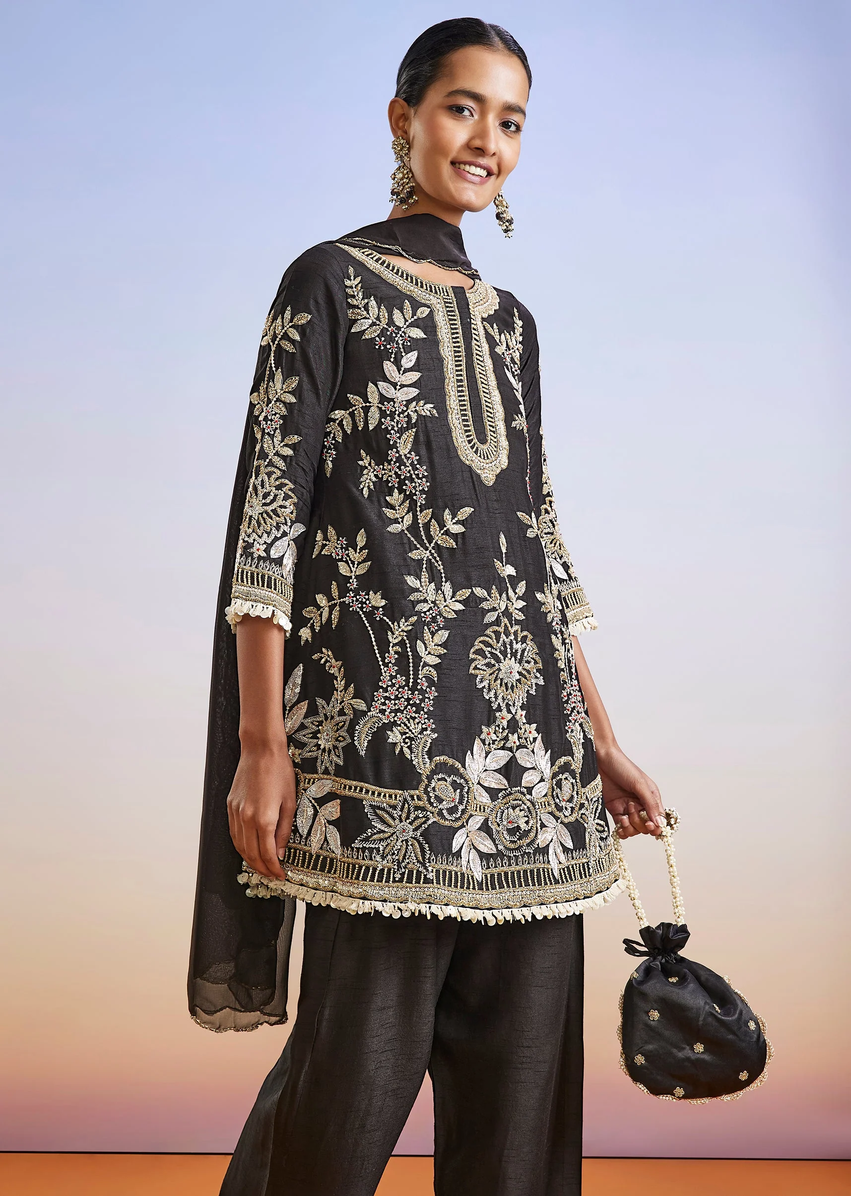 Black Luxe Duo – Palazzo Suit For Her And Jacket Kurta Set For Him - Image 2