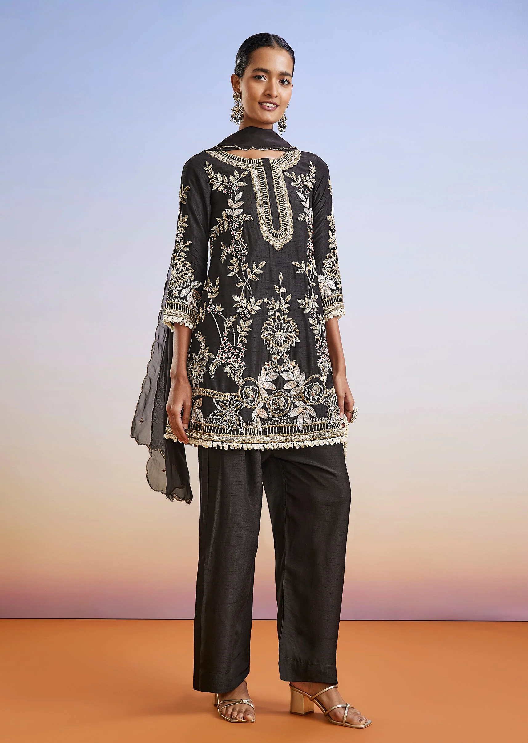 Black Luxe Duo – Palazzo Suit For Her And Jacket Kurta Set For Him - Image 3