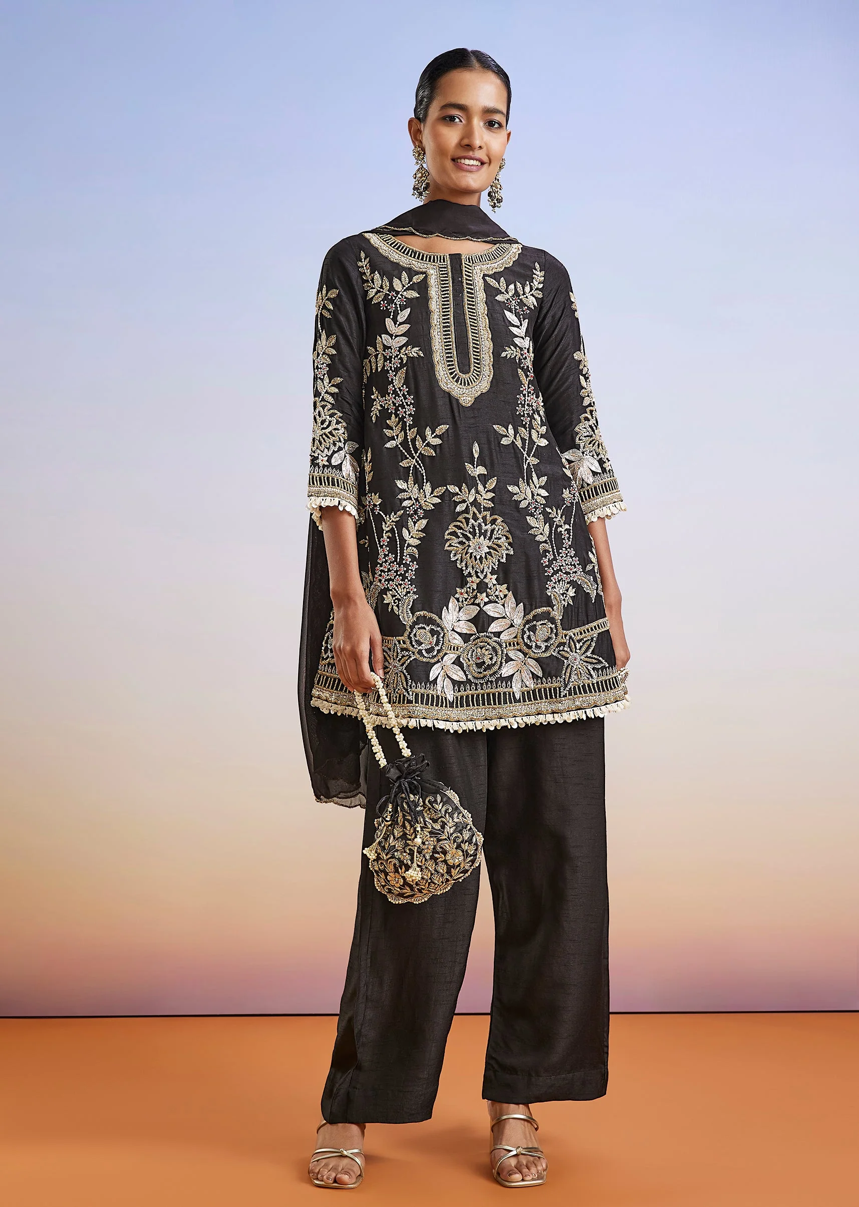 Black Luxe Duo – Palazzo Suit For Her And Jacket Kurta Set For Him - Image 4
