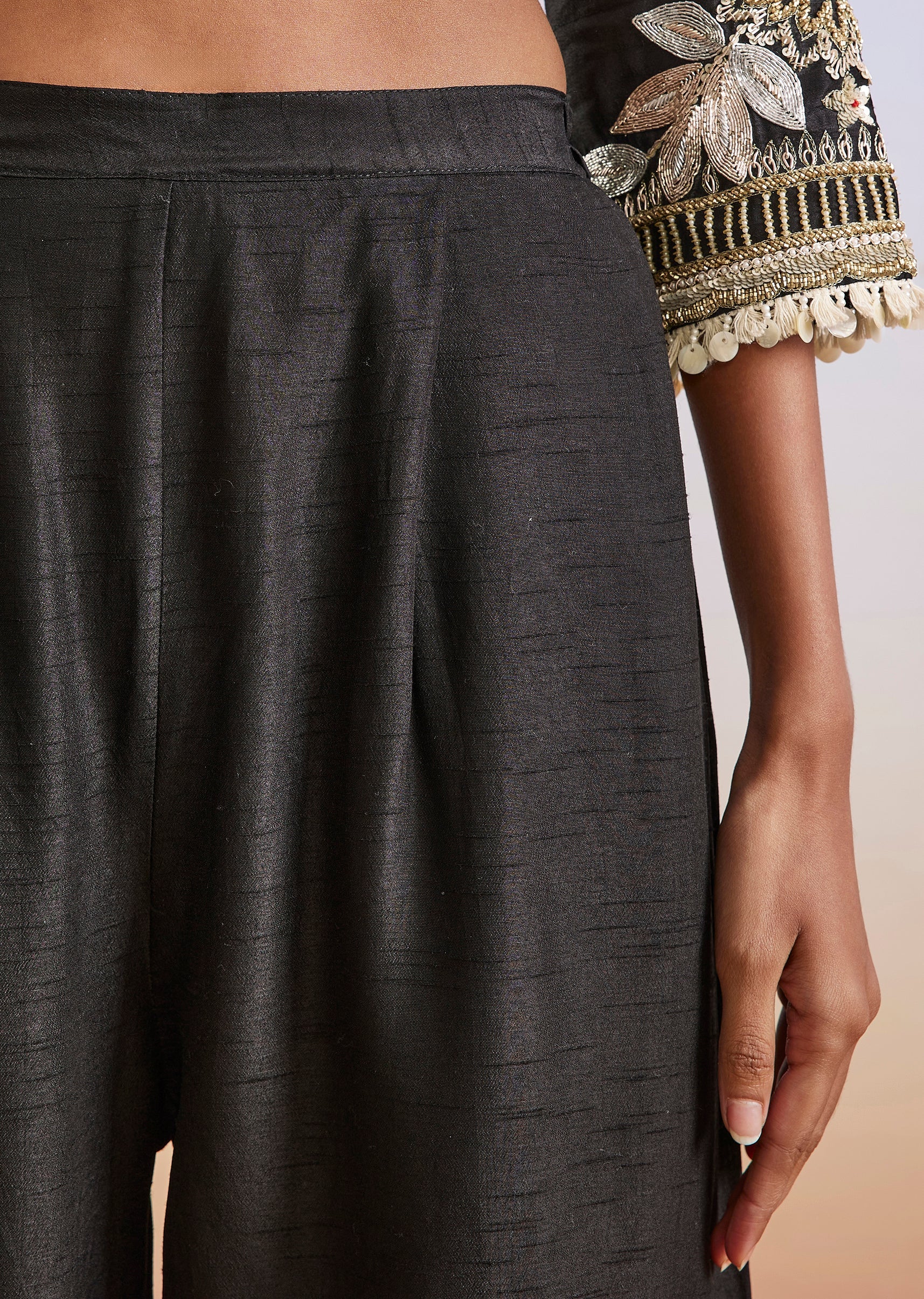 Black Luxe Duo – Palazzo Suit For Her And Jacket Kurta Set For Him - Image 7
