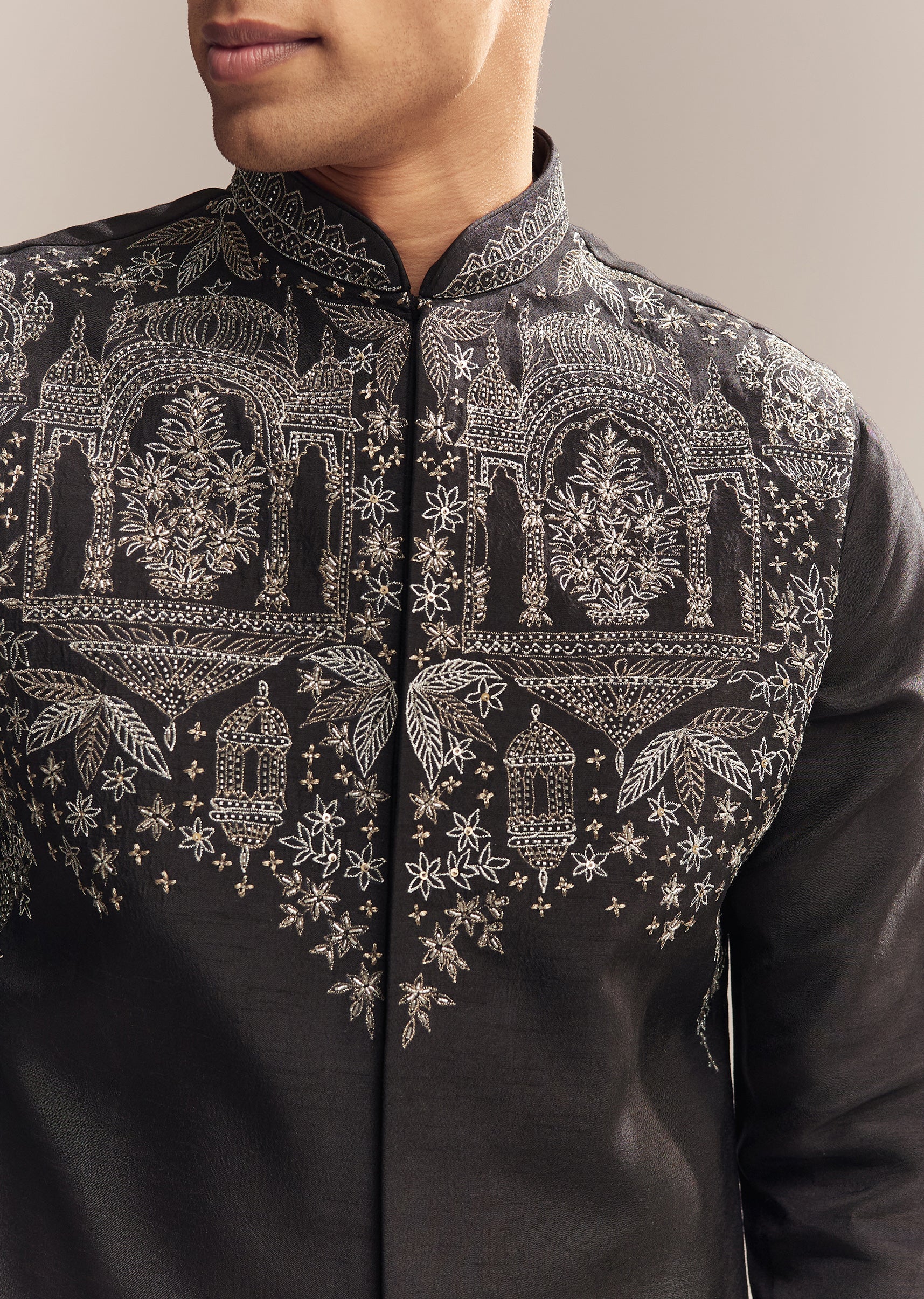 Black Luxe Duo – Palazzo Suit For Her And Jacket Kurta Set For Him - Image 8