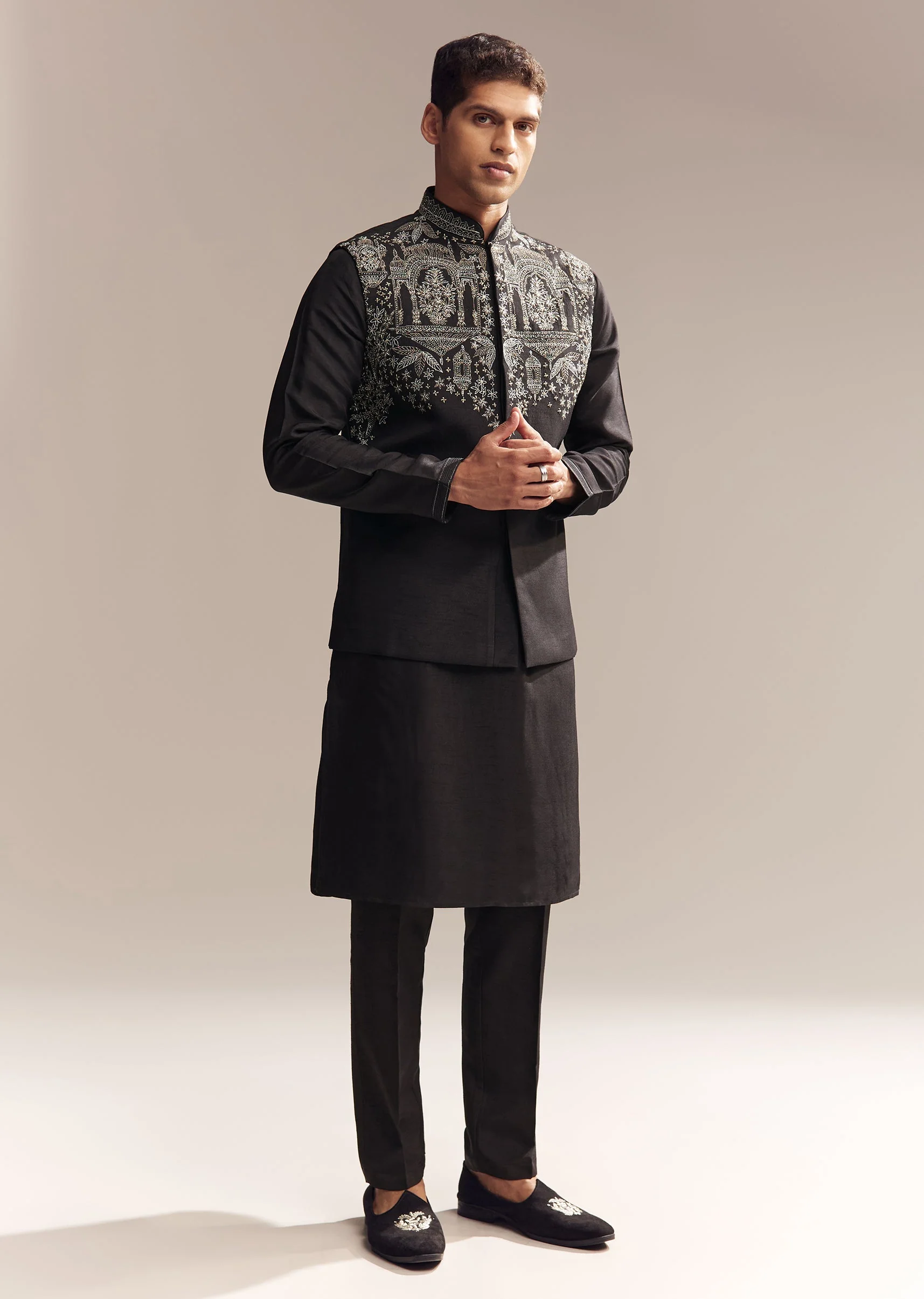 Black Luxe Duo – Palazzo Suit For Her And Jacket Kurta Set For Him - Image 9