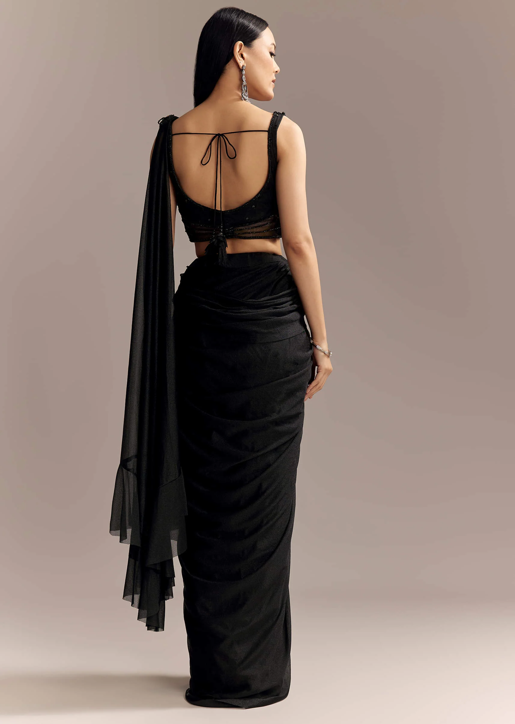 Black Lycra Ready Pleated Saree With Embroidery And Matching Blouse - Image 5