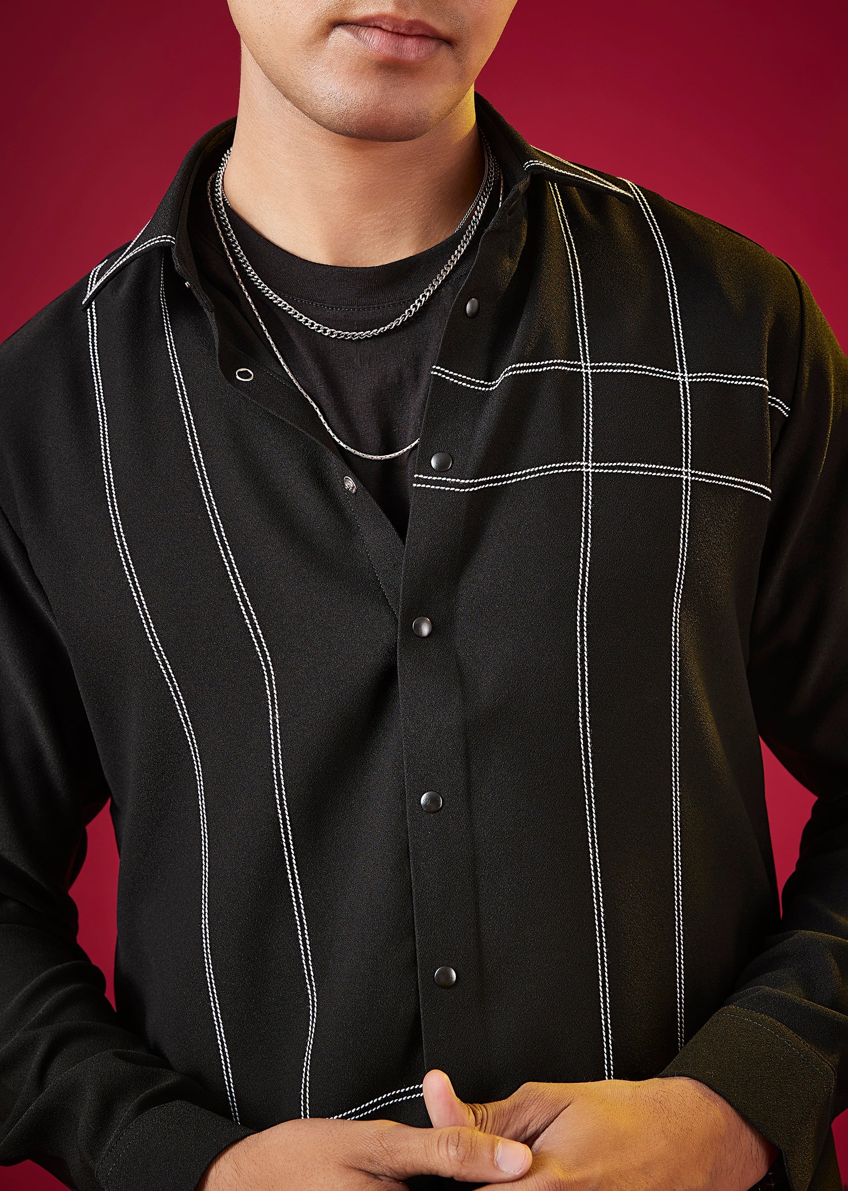 Black Mandarin Collar Striped Mens Shirt In Viscose - Image 2