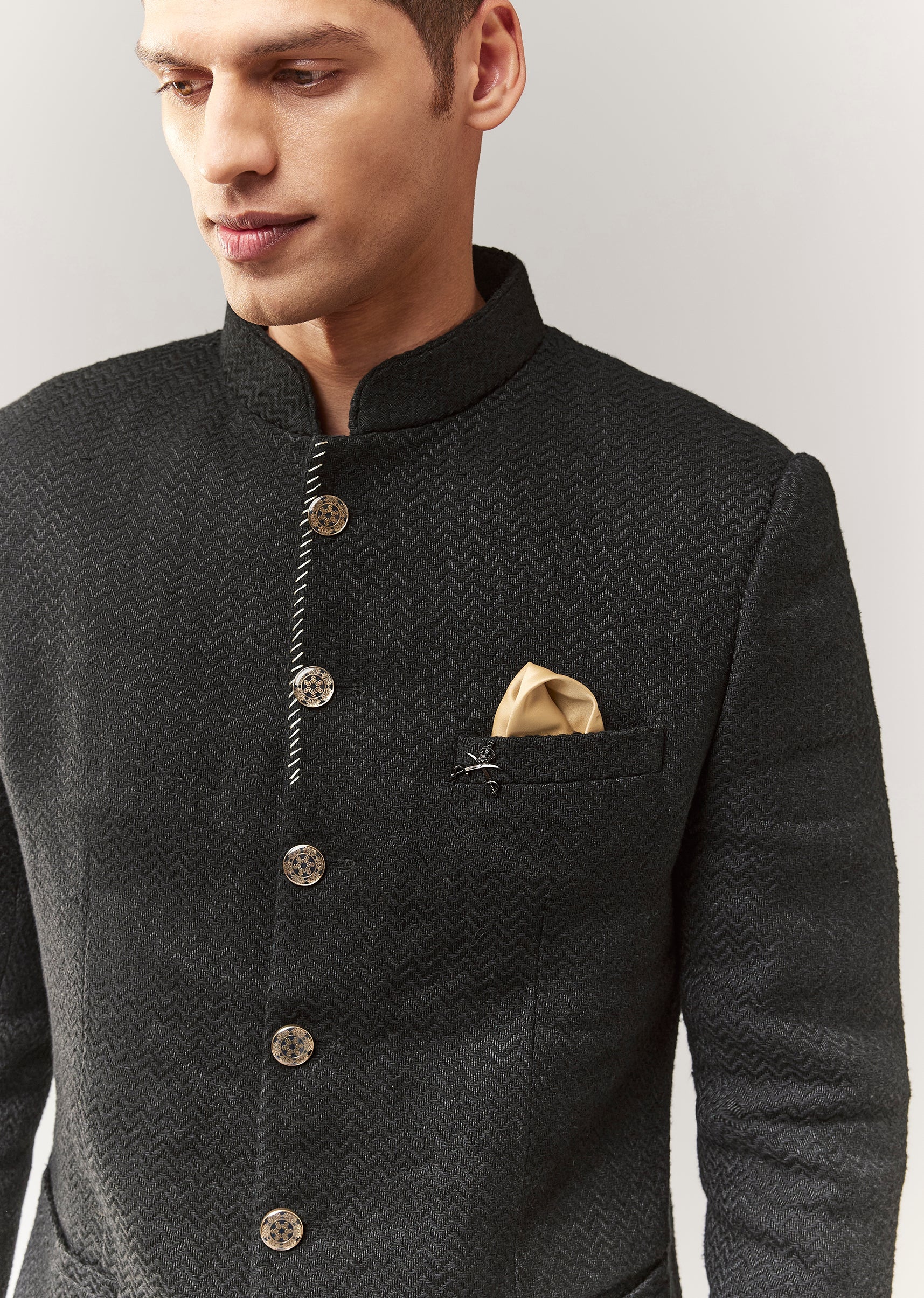 Black Matka Silk Jodhpuri Set With Mandarin Collar - Image 5