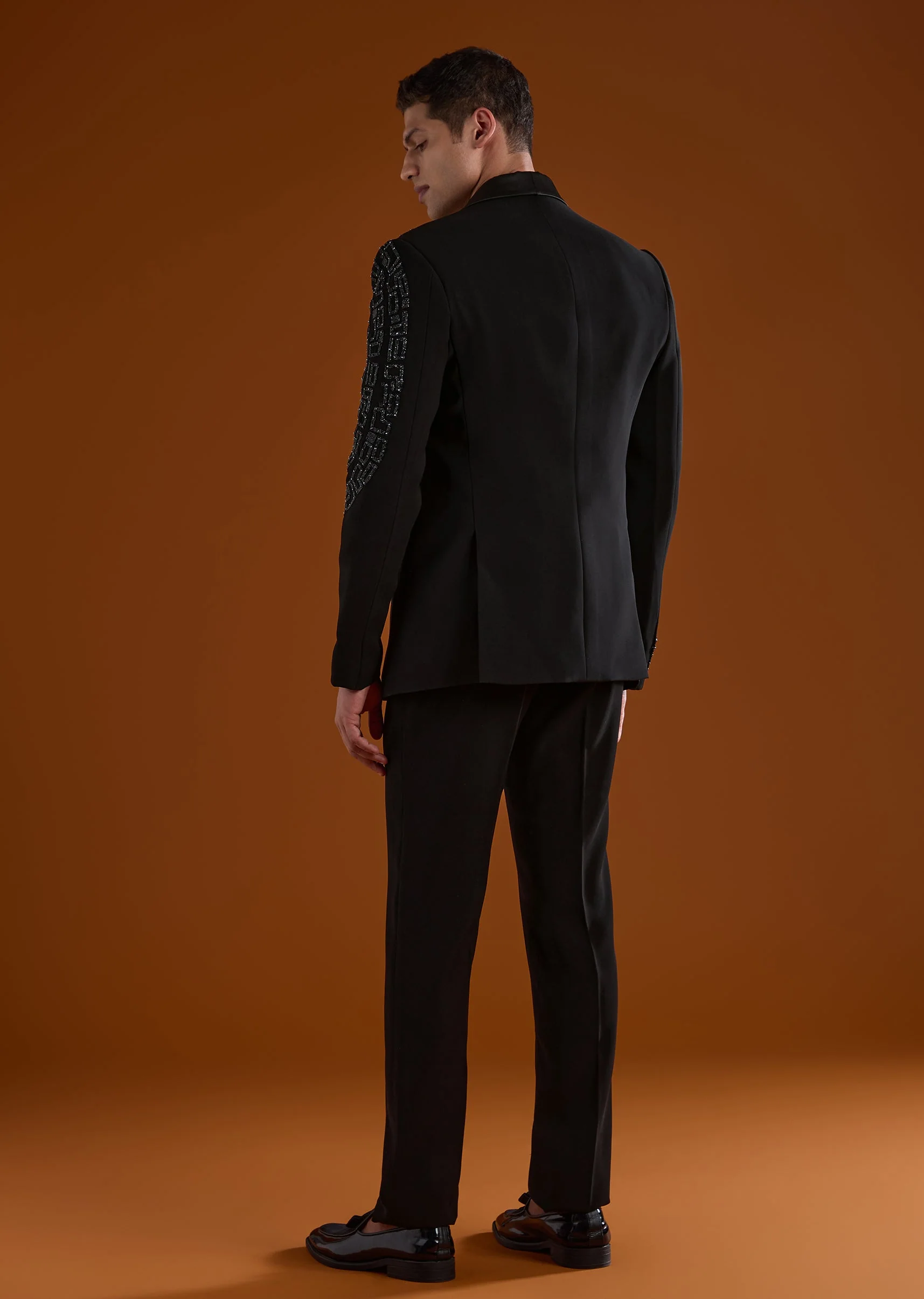Black Mens Tuxedo With Cut Dana And Diamond Work - Image 5