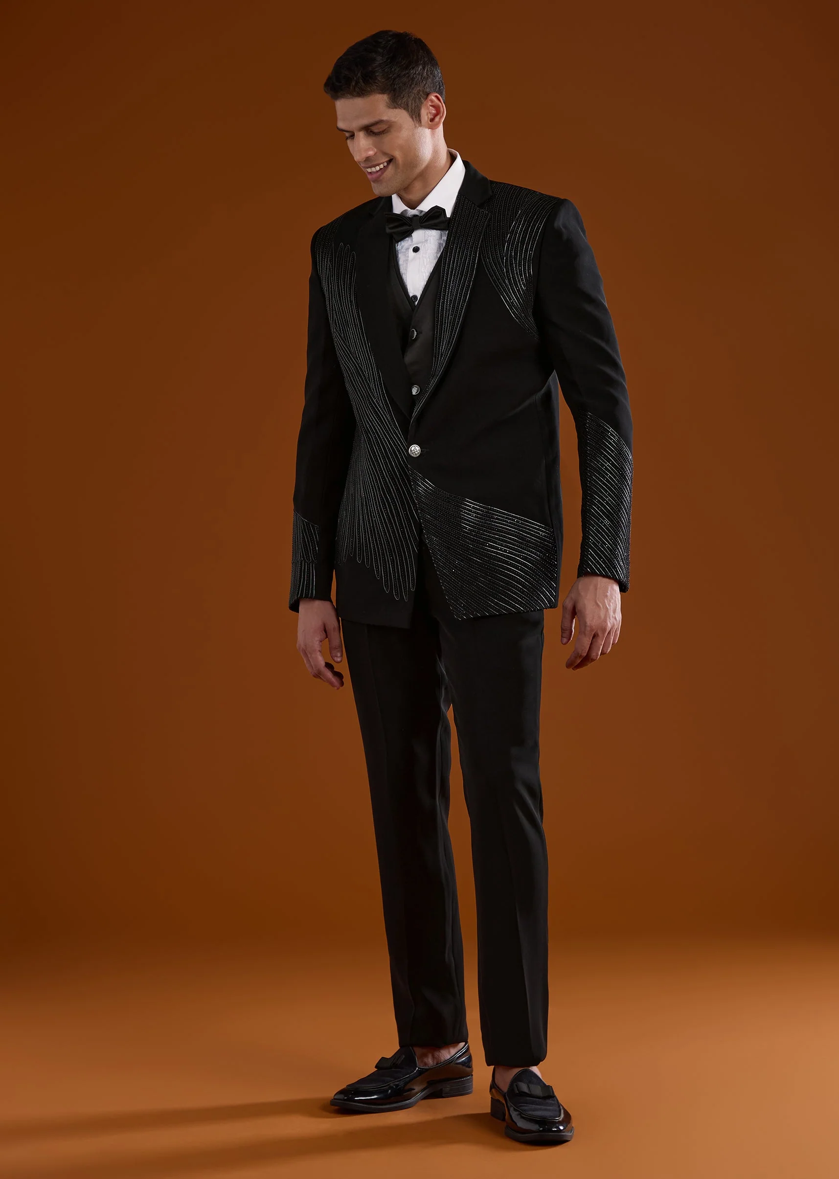 Black Mens Tuxedo With Dori Work And Leather Accents - Image 4