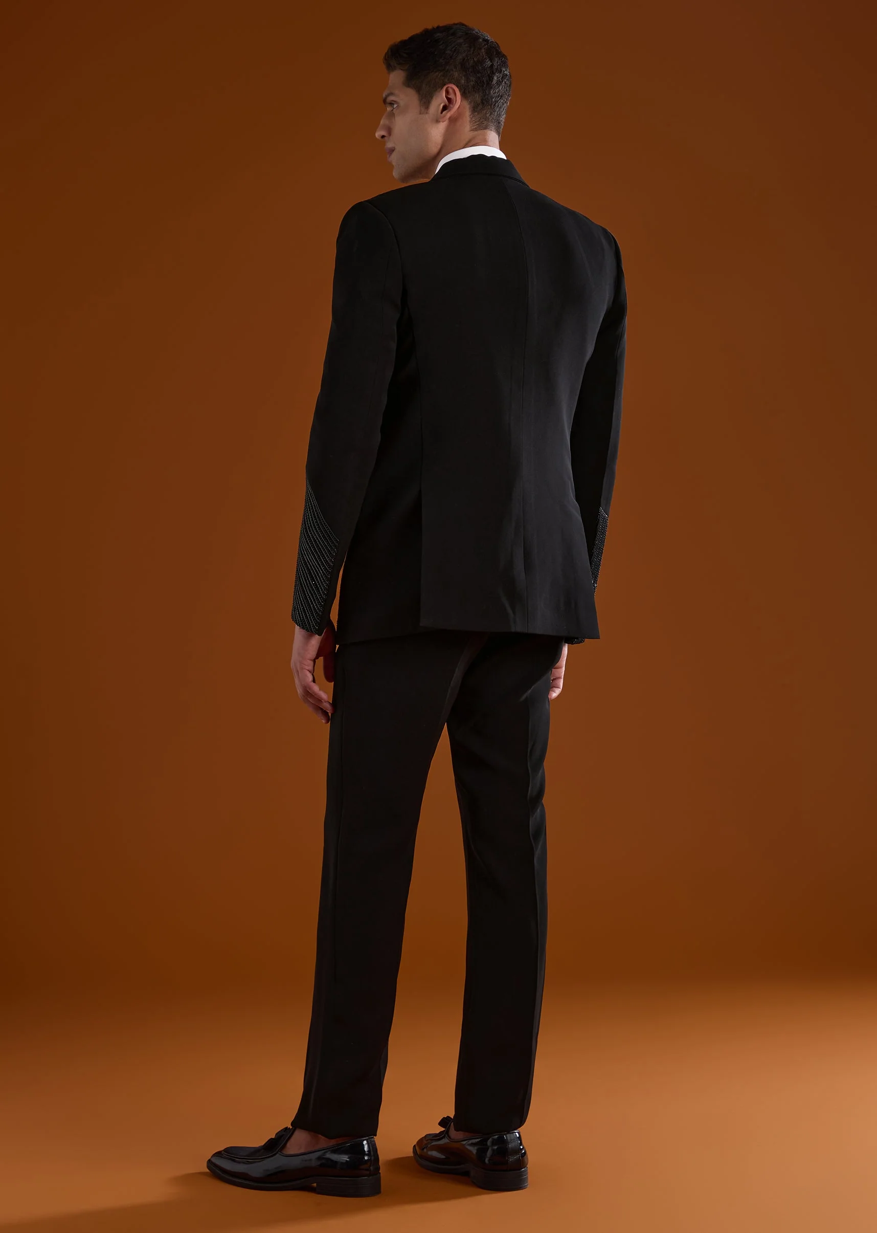 Black Mens Tuxedo With Dori Work And Leather Accents - Image 5