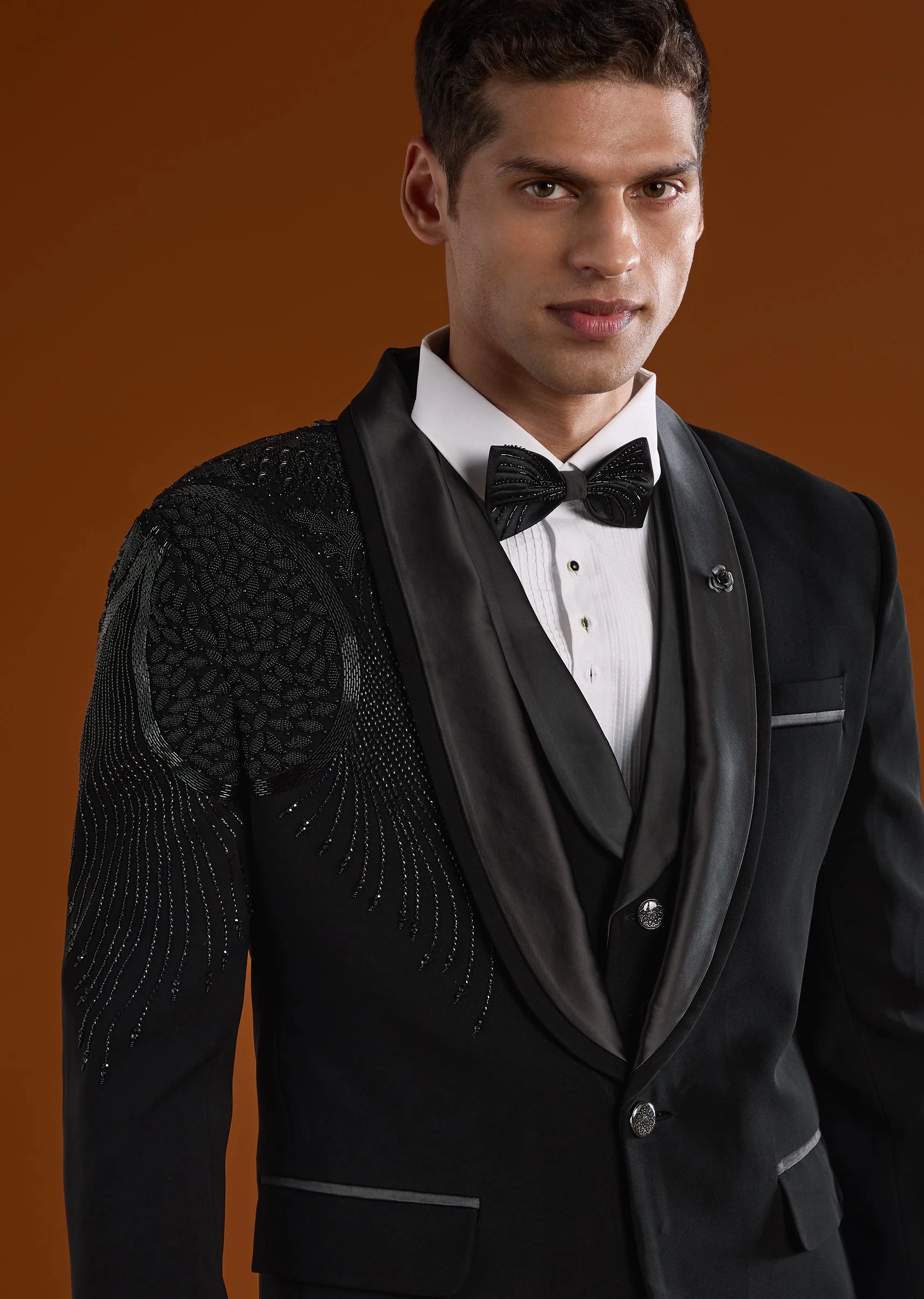 Black Mens Tuxedo With Thread Beads And Cut Dana Work - Image 3