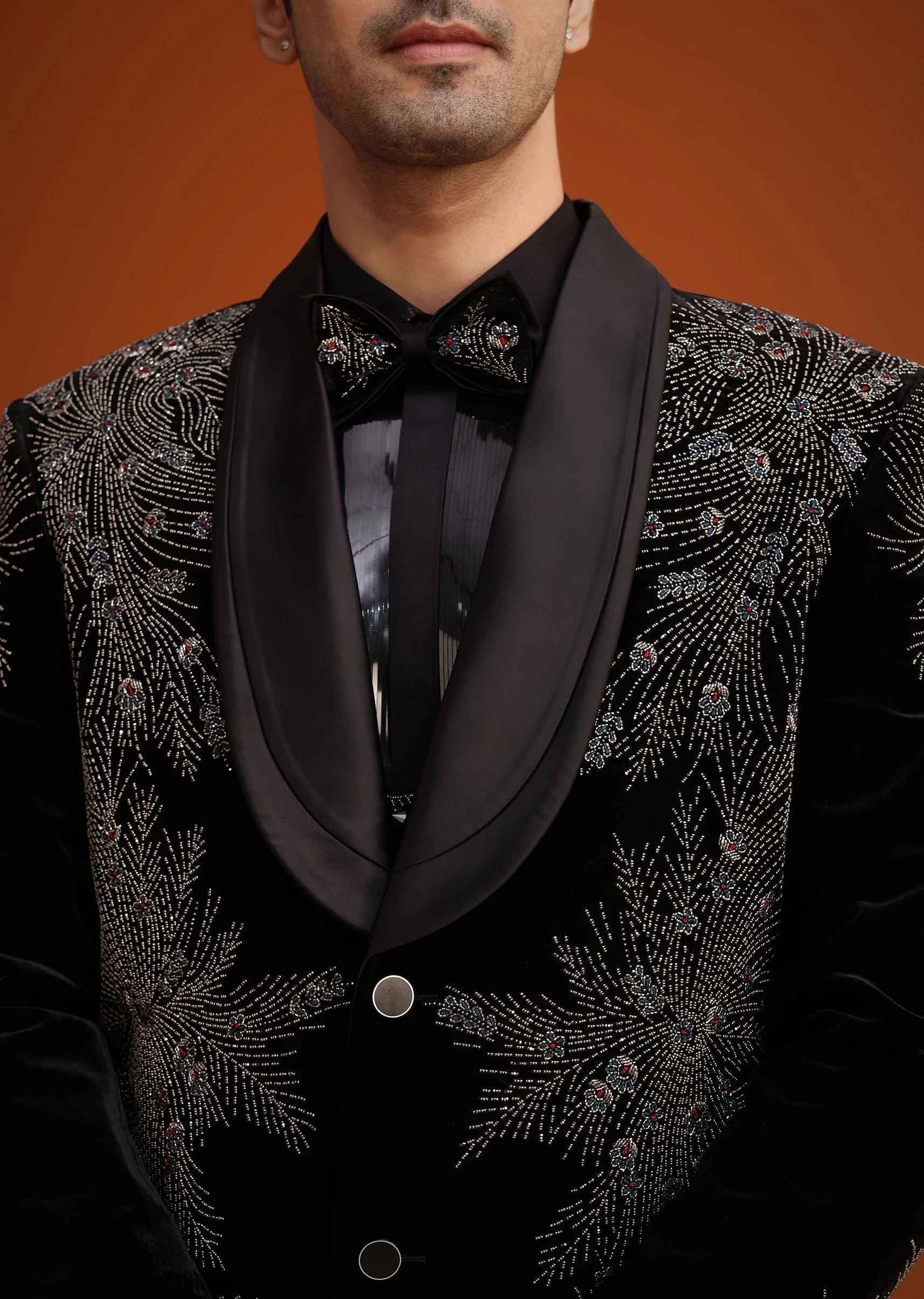 Black Micro Velvet Cutdana Embellished Tuxedo Set - Image 4