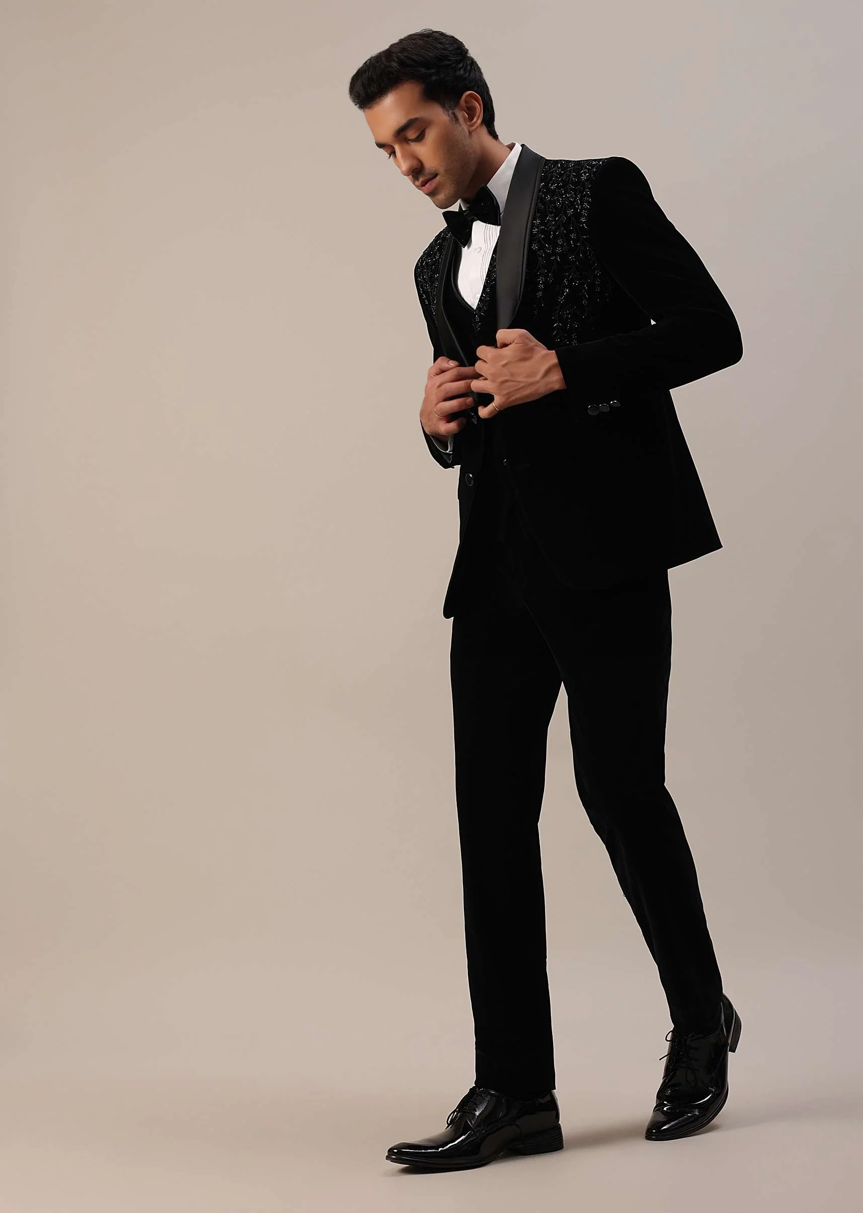 Black Micro Velvet Tuxedo Set With Cut Work Detailing - Image 3