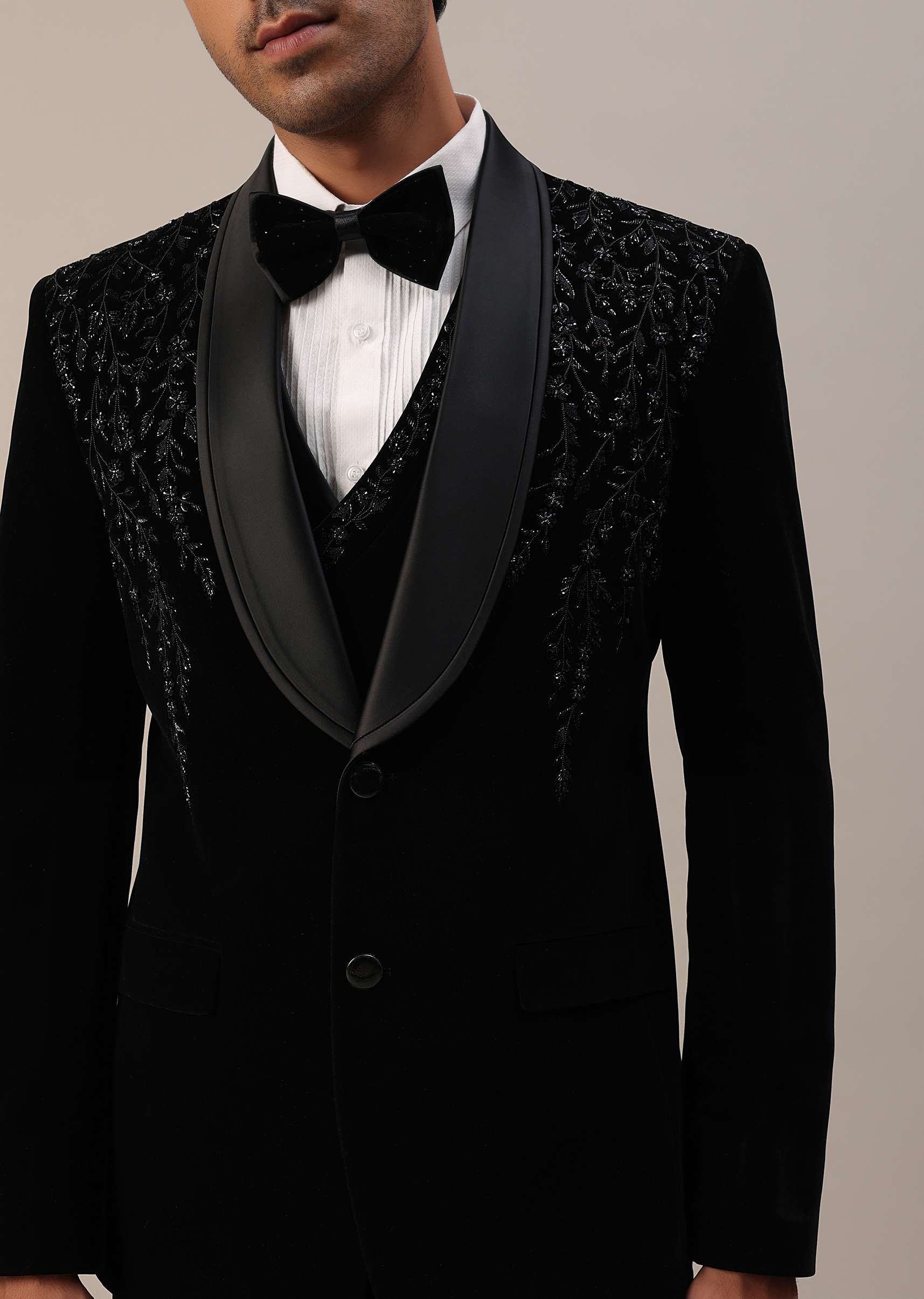 Black Micro Velvet Tuxedo Set With Cut Work Detailing - Image 4