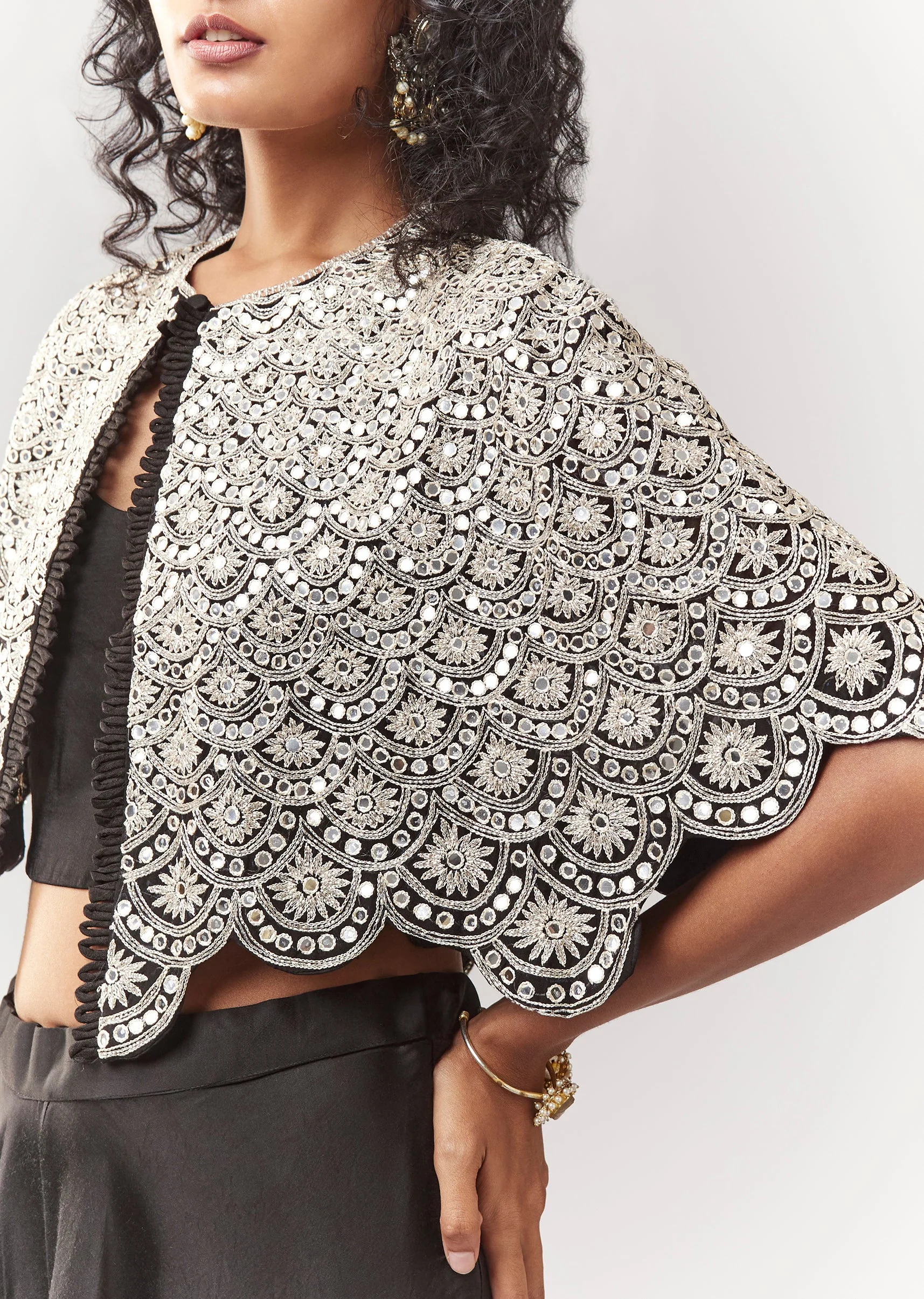 Black Mirror And Cutdana Work Cape Set With Palazzo - Image 2