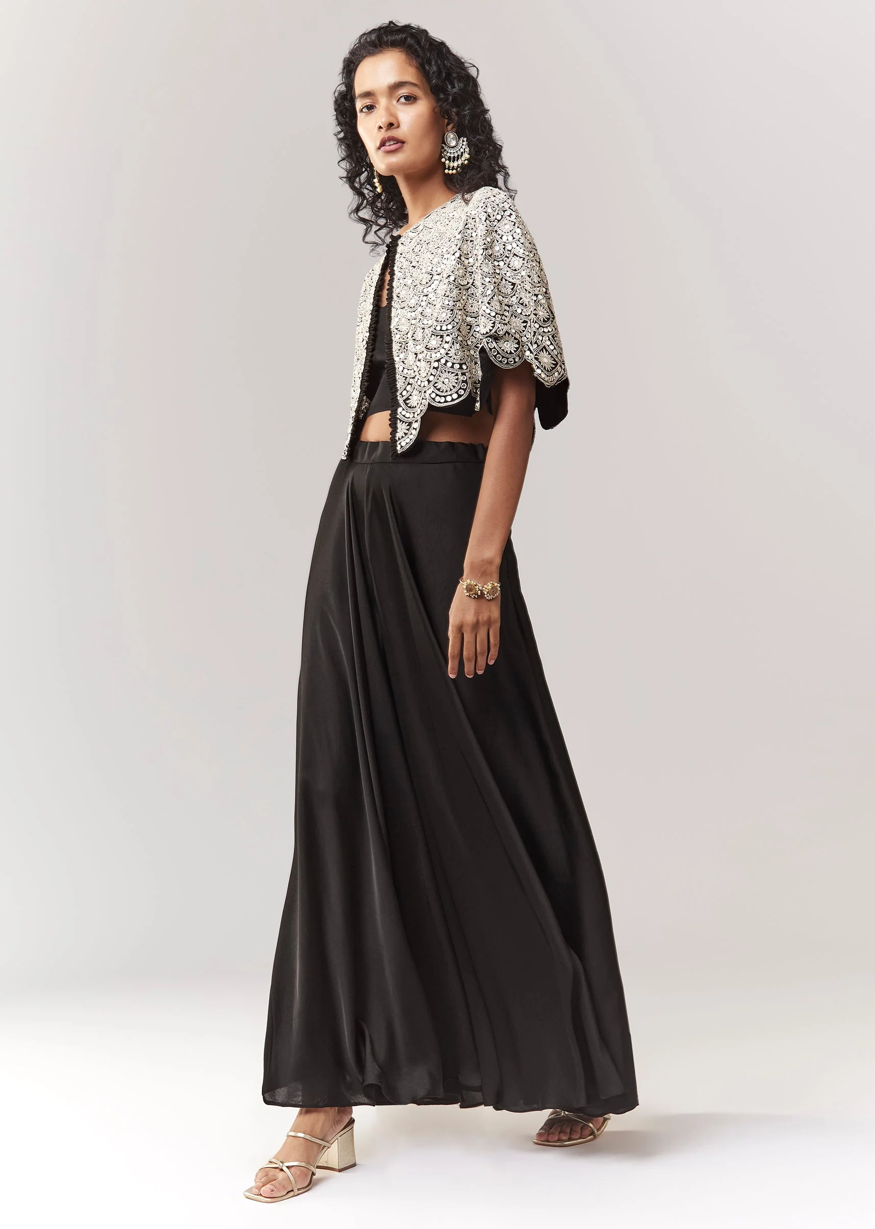 Black Mirror And Cutdana Work Cape Set With Palazzo - Image 3
