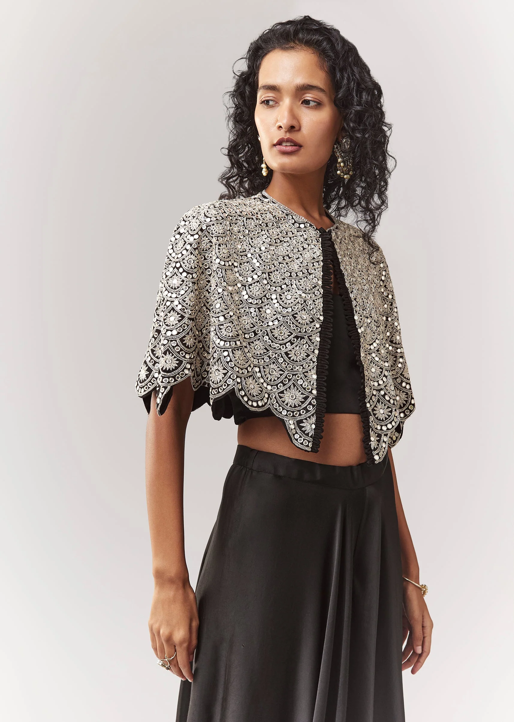 Black Mirror And Cutdana Work Cape Set With Palazzo - Image 4