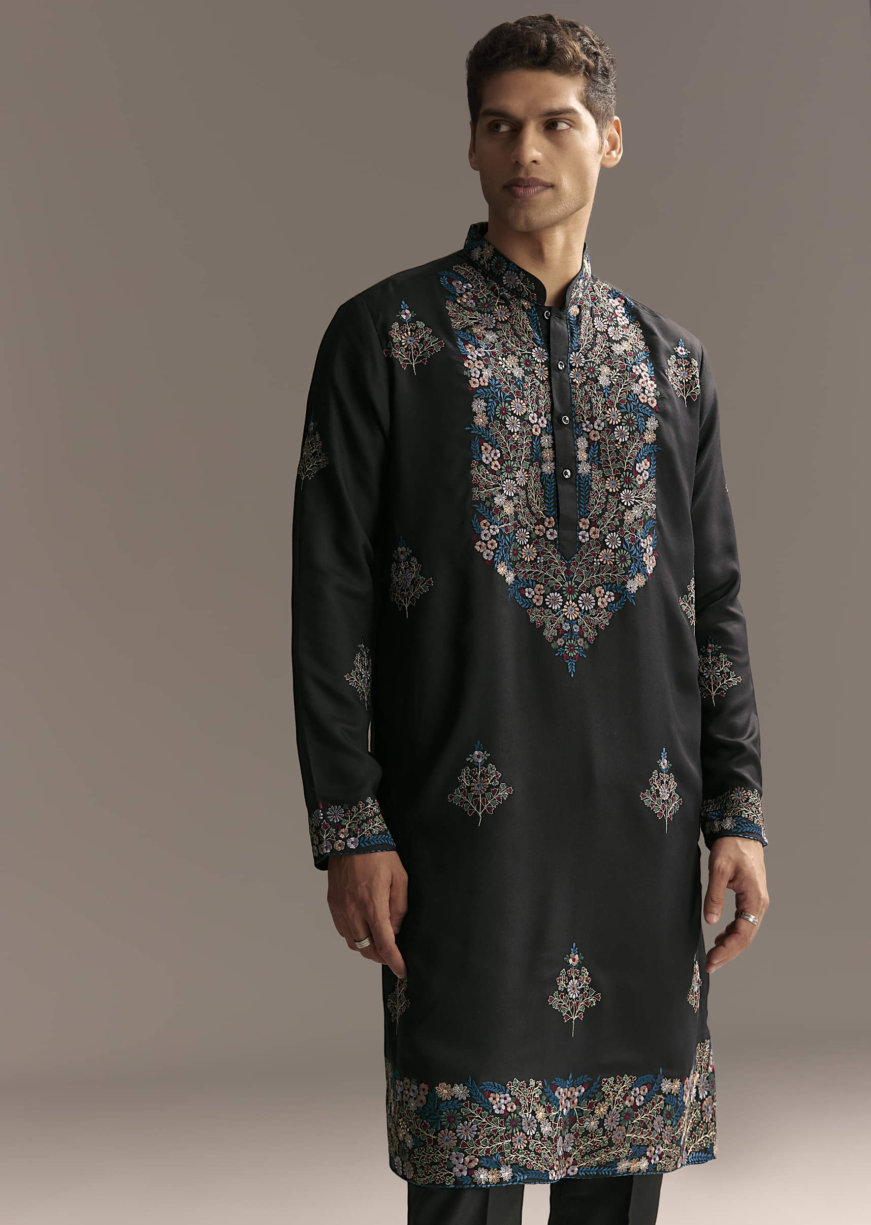 Black Modal Kurta Set For Men With Floral Resham Embroidery - Image 5