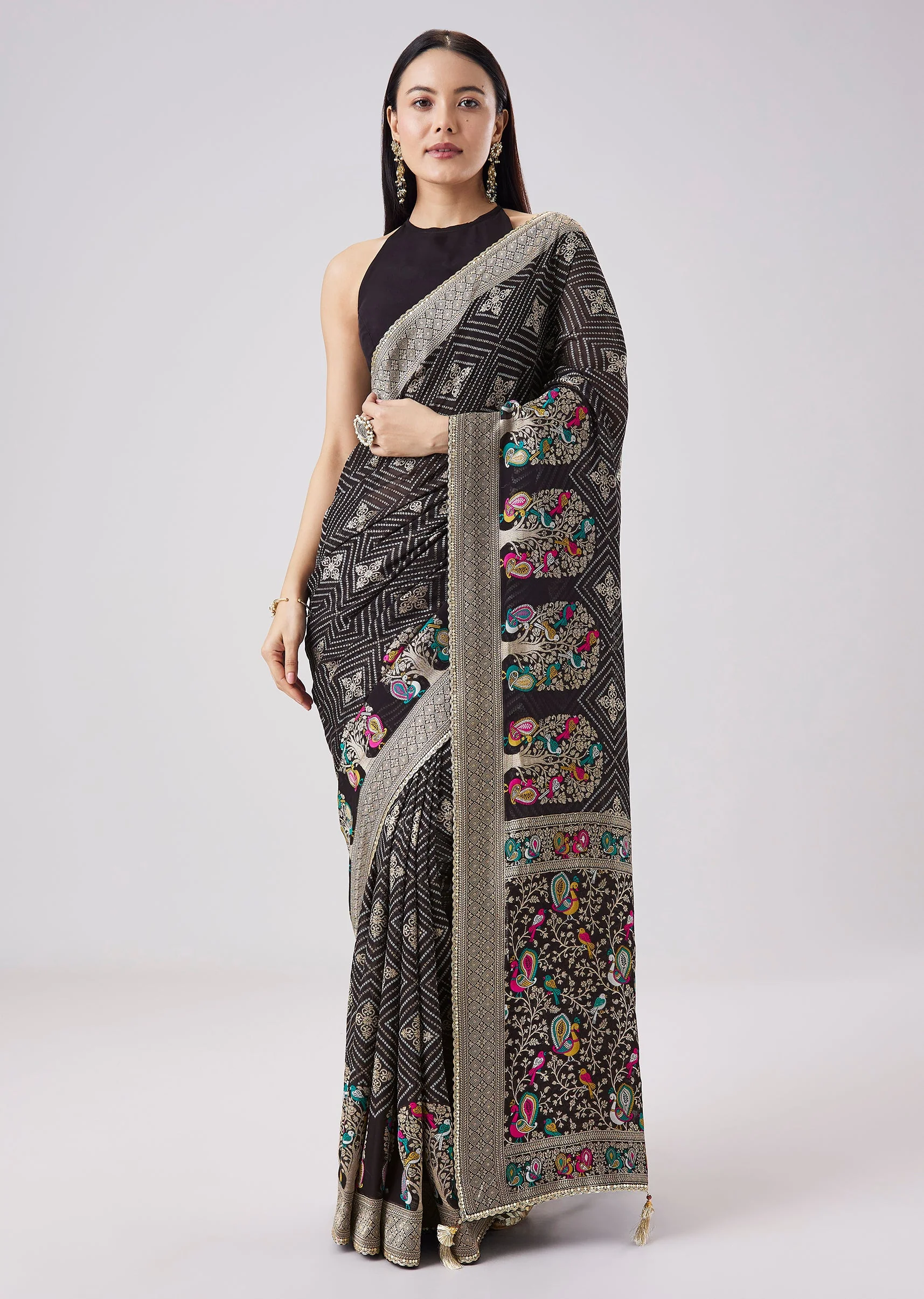 Black Mughal Woven Motif Saree With Unstitched Blouse