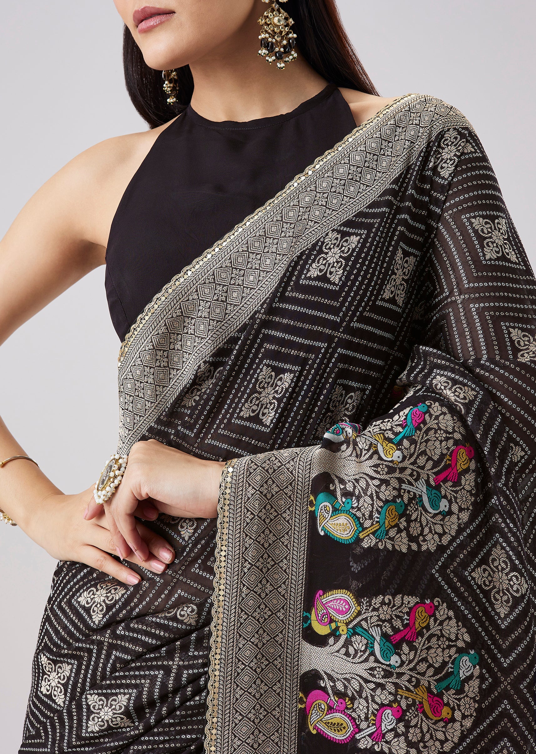 Black Mughal Woven Motif Saree With Unstitched Blouse - Image 2
