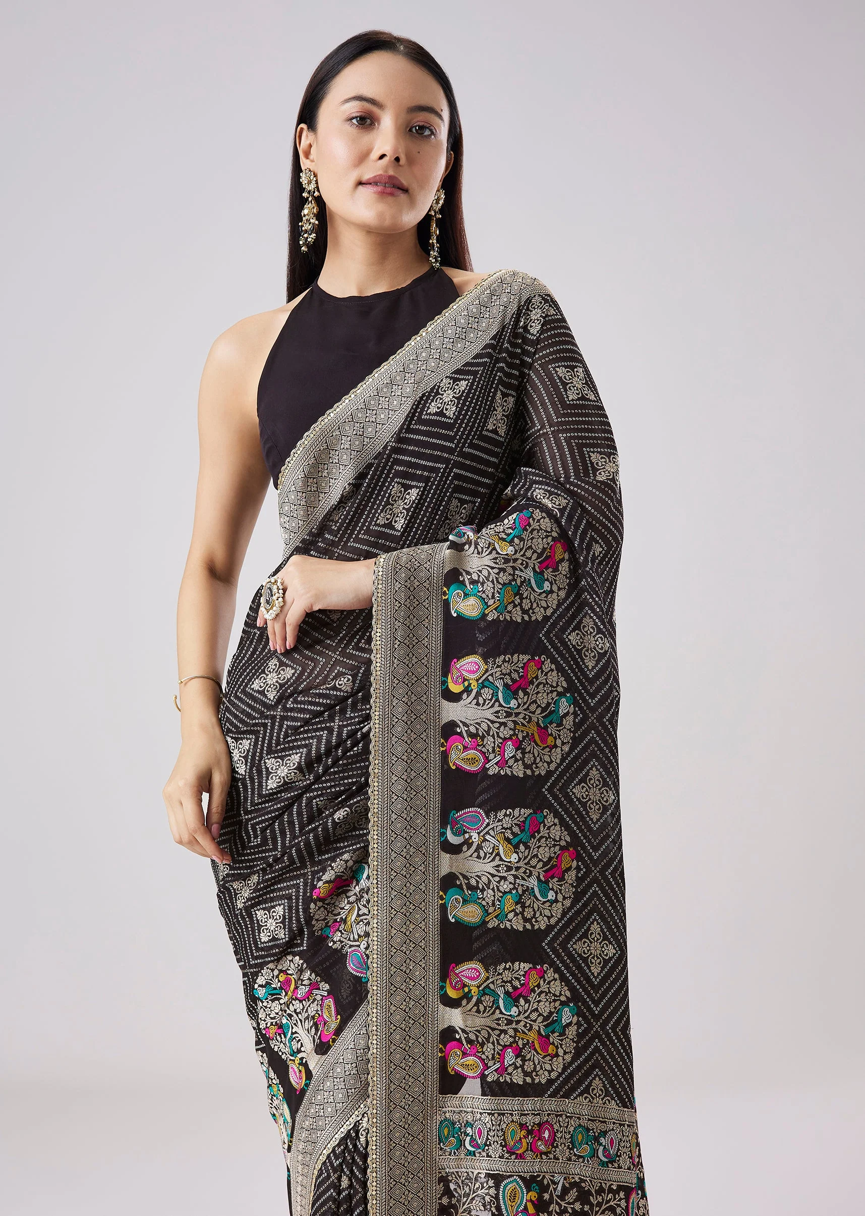 Black Mughal Woven Motif Saree With Unstitched Blouse - Image 5