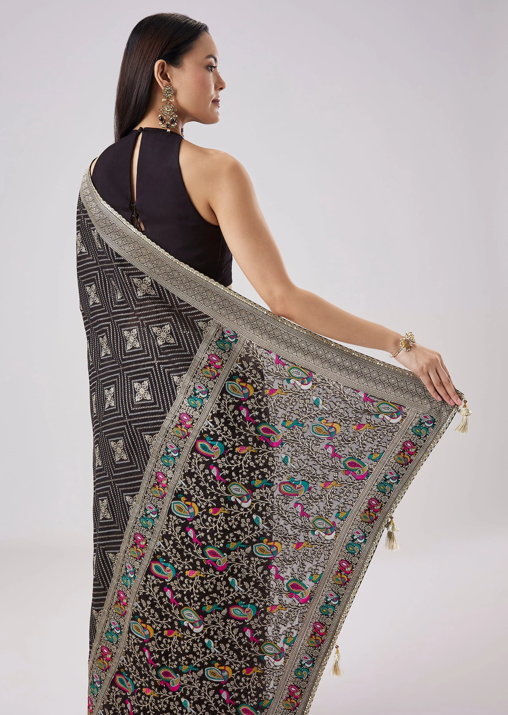 Black Mughal Woven Motif Saree With Unstitched Blouse - Image 6