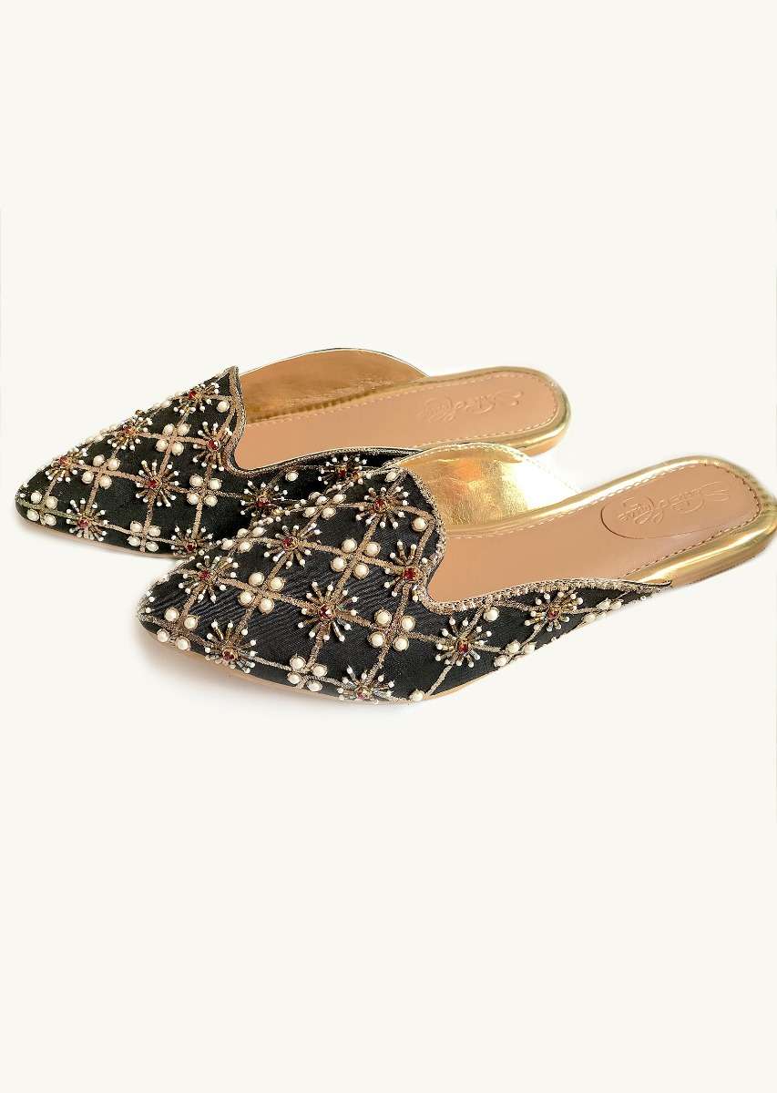 Black Mules With Maroon Swarovski And Zari Detailing By Sole House - Image 4