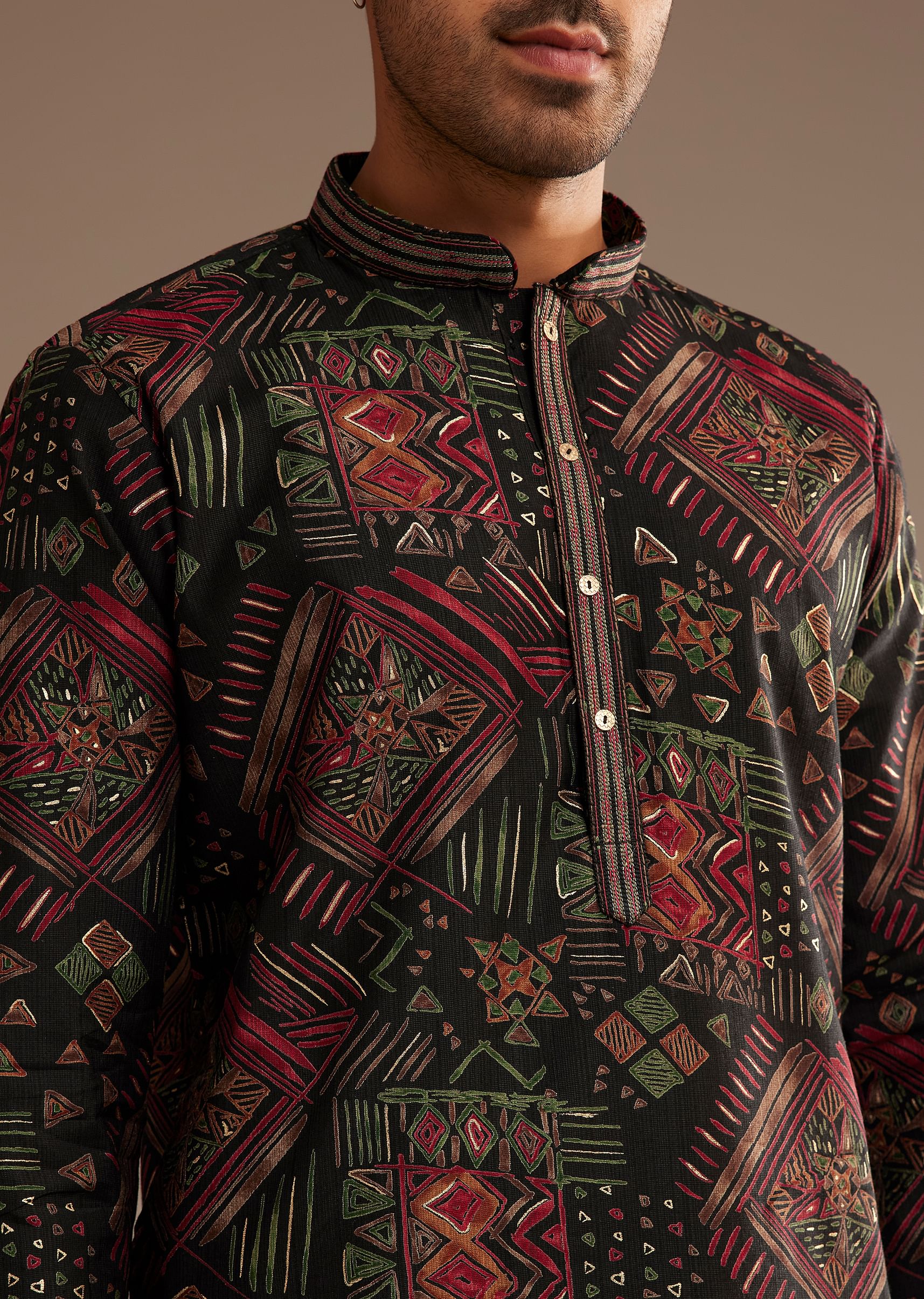 Black Multi Color Linen Abstract Printed Kurta Set - Image 2