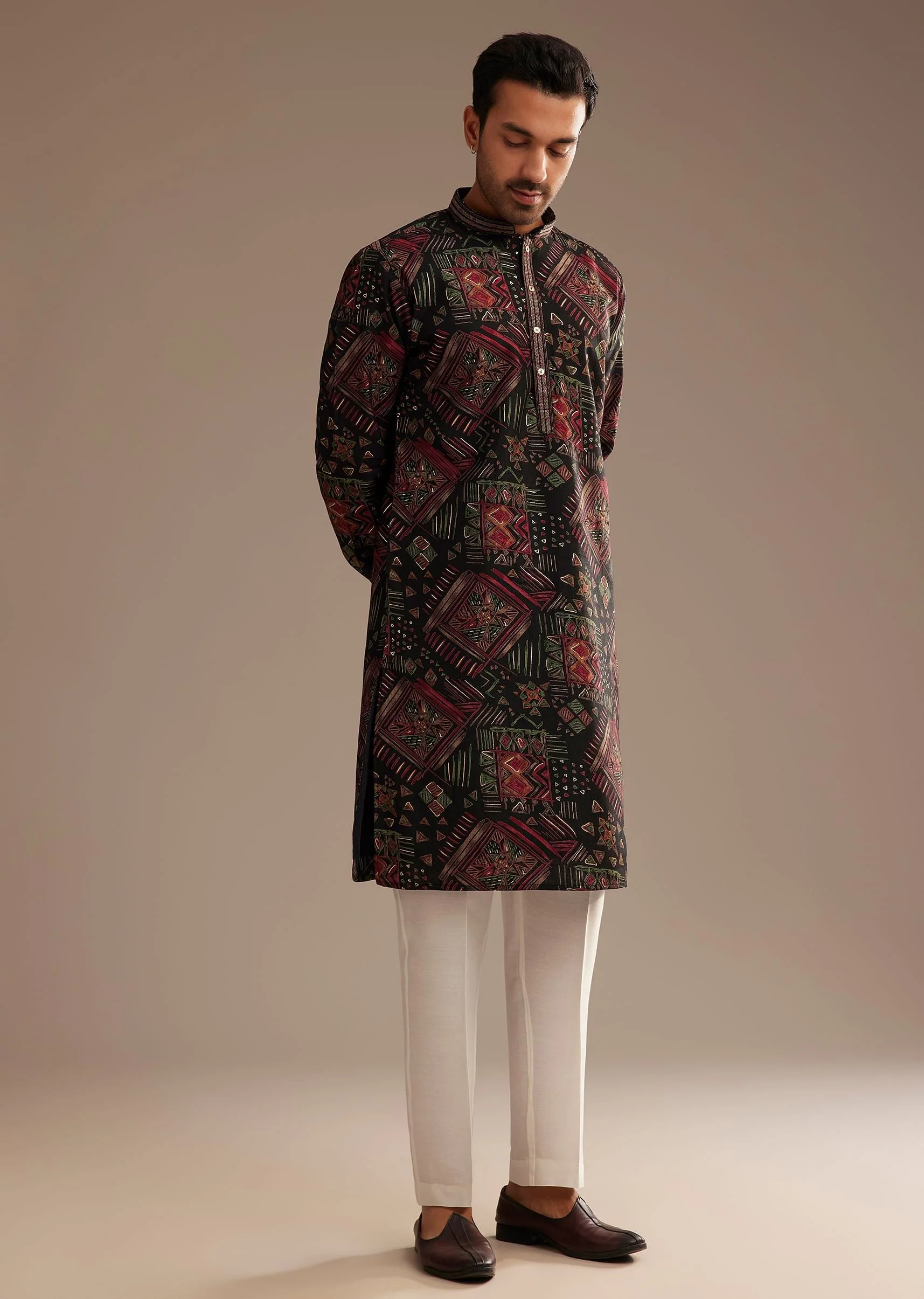 Black Multi Color Linen Abstract Printed Kurta Set - Image 3