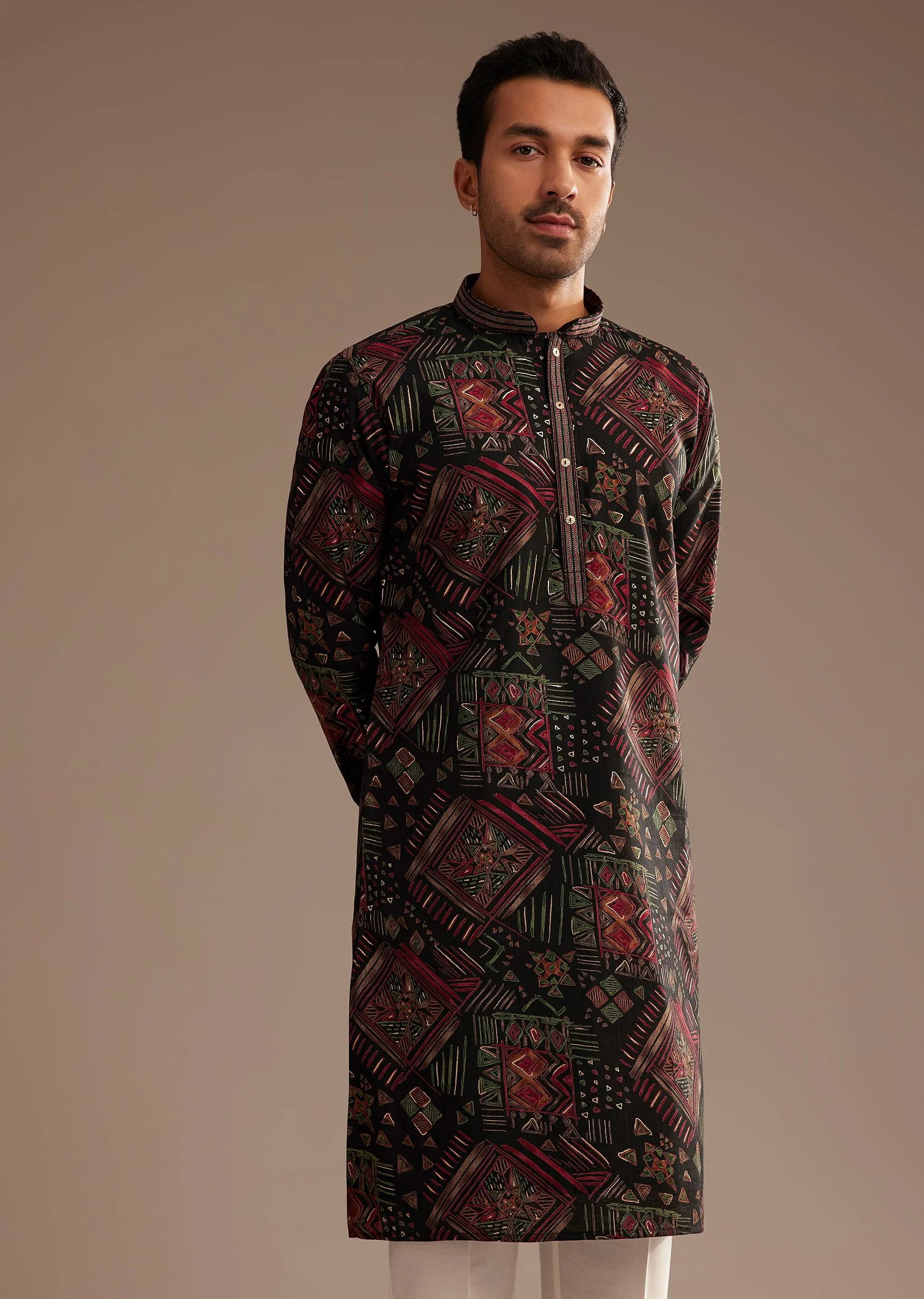 Black Multi Color Linen Abstract Printed Kurta Set - Image 4