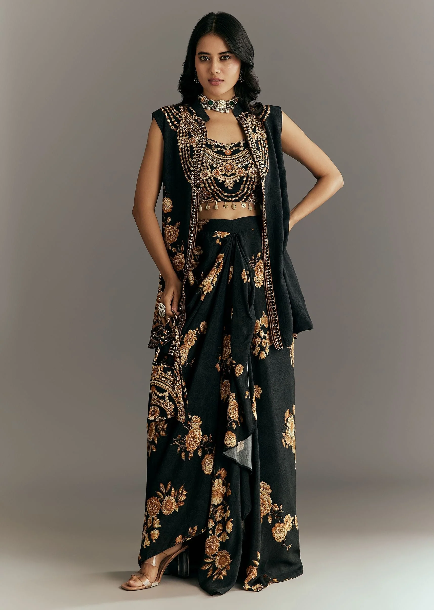 Black Muslin Croptop Set With Floral Printed Skirt Jacket - Image 3