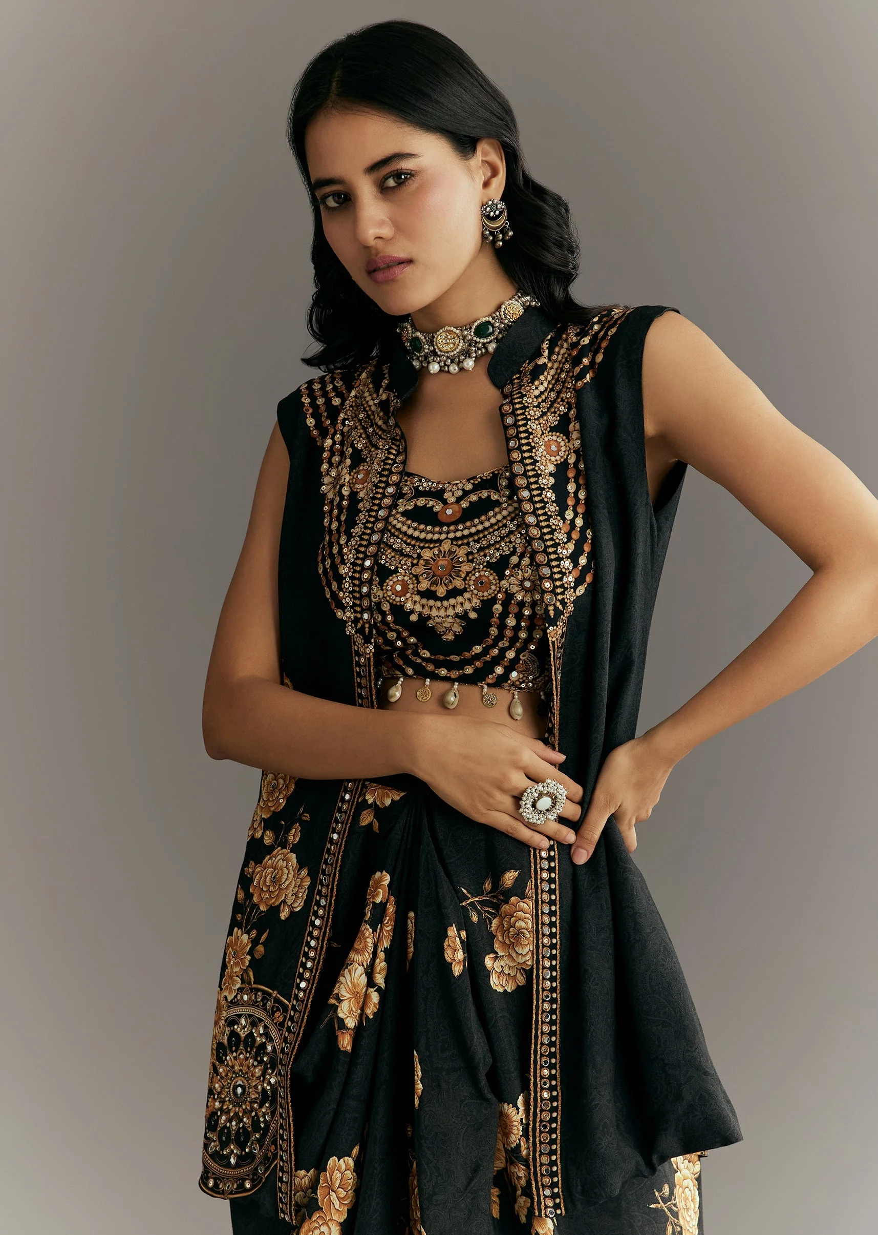 Black Muslin Croptop Set With Floral Printed Skirt Jacket - Image 4