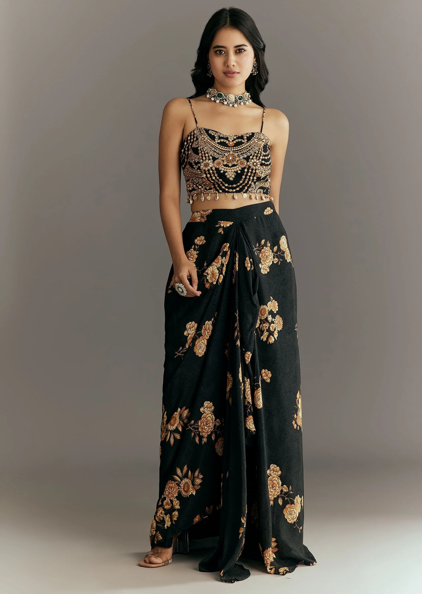 Black Muslin Croptop Set With Floral Printed Skirt Jacket - Image 6