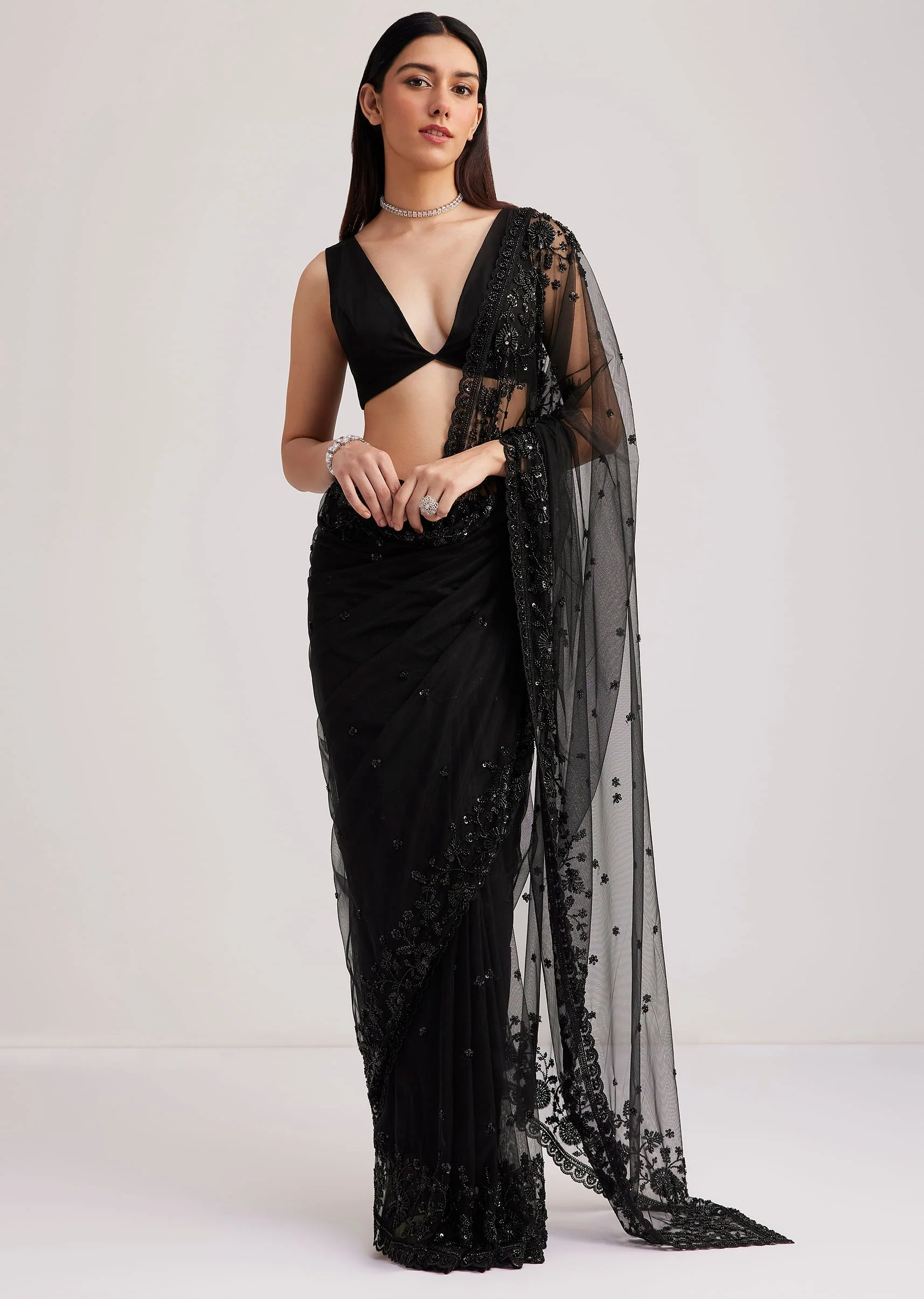 Black Net Heavy Embroidered Saree With Sequins And Stones - Image 2