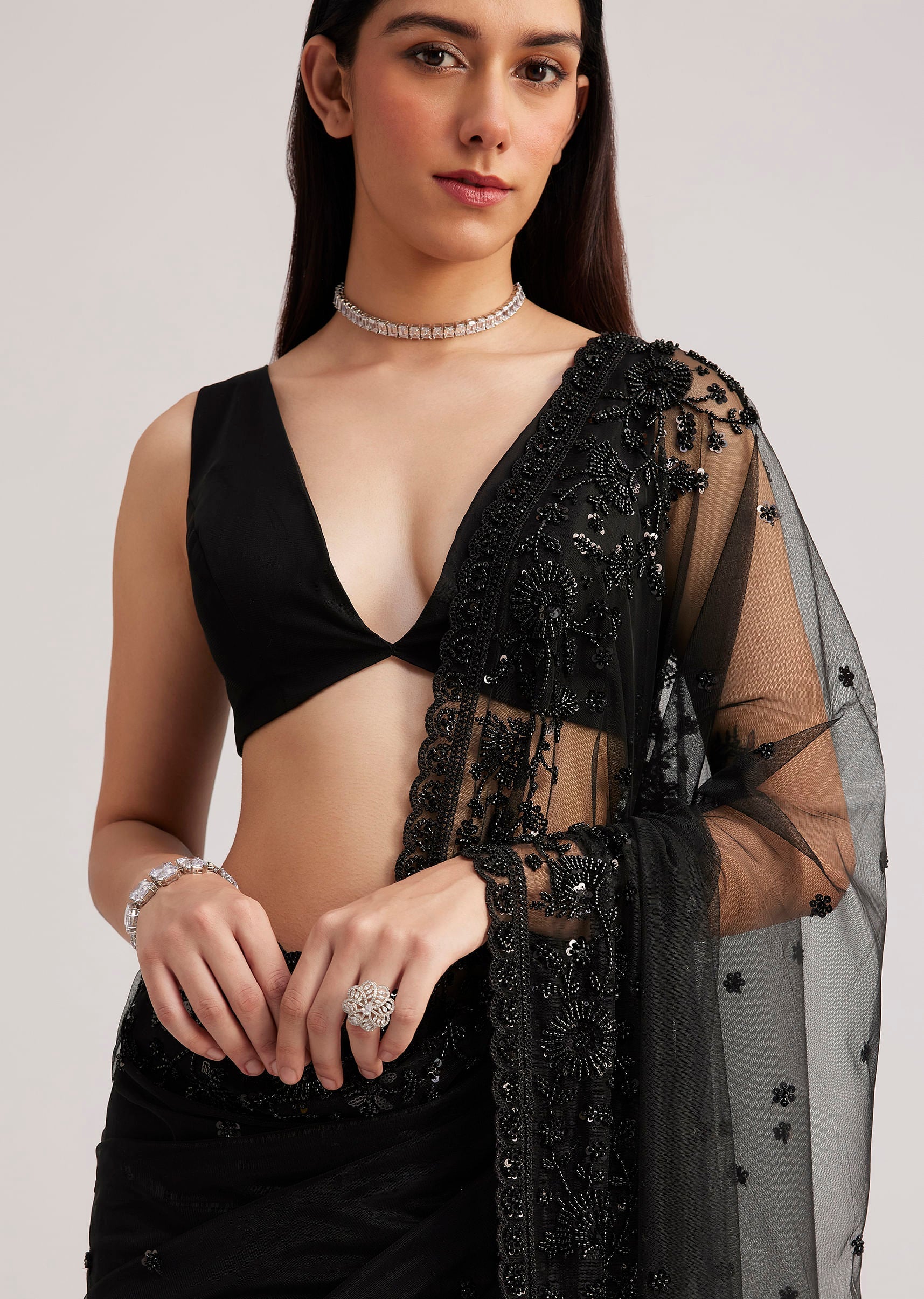 Black Net Heavy Embroidered Saree With Sequins And Stones - Image 3