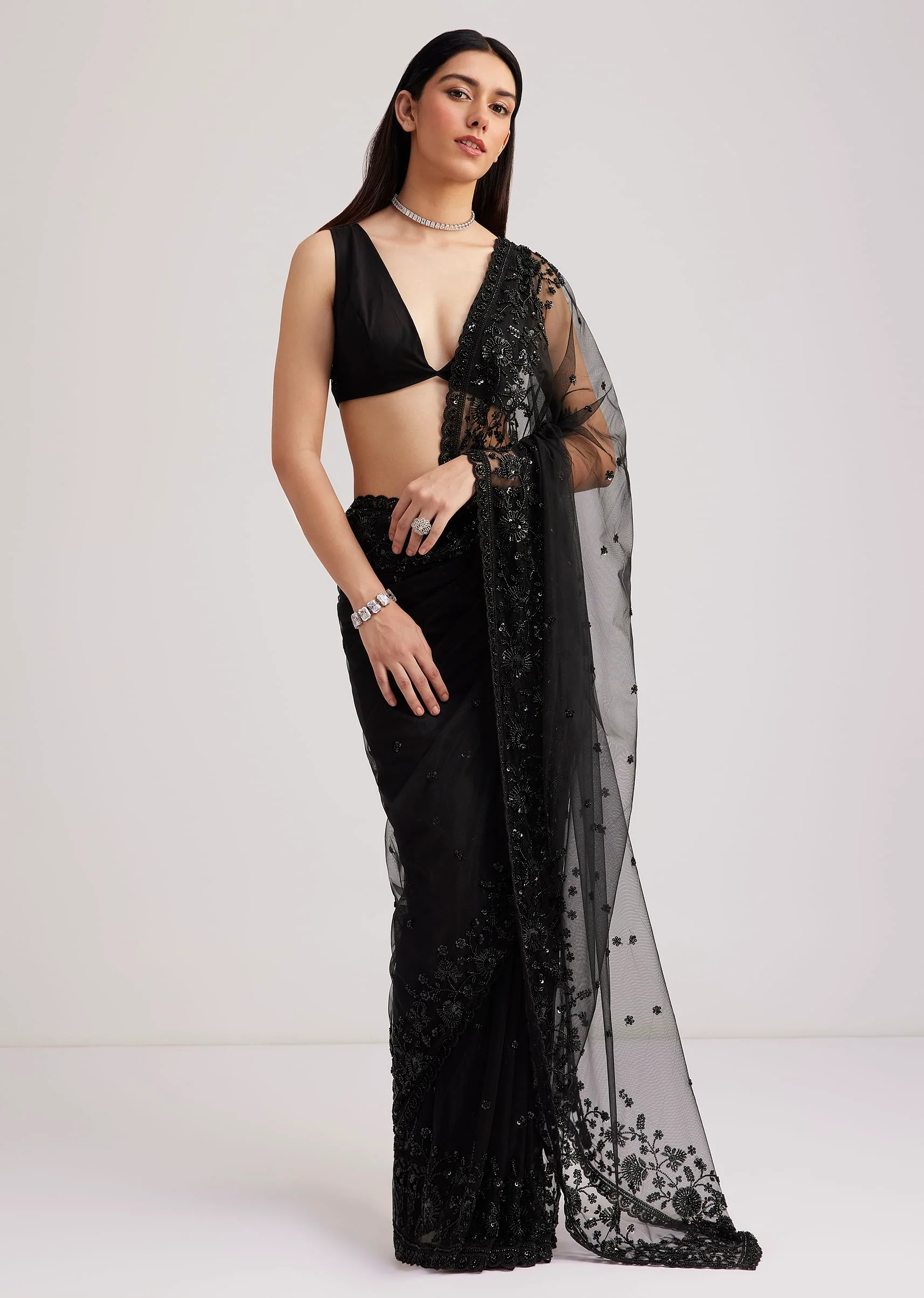 Black Net Heavy Embroidered Saree With Sequins And Stones - Image 5
