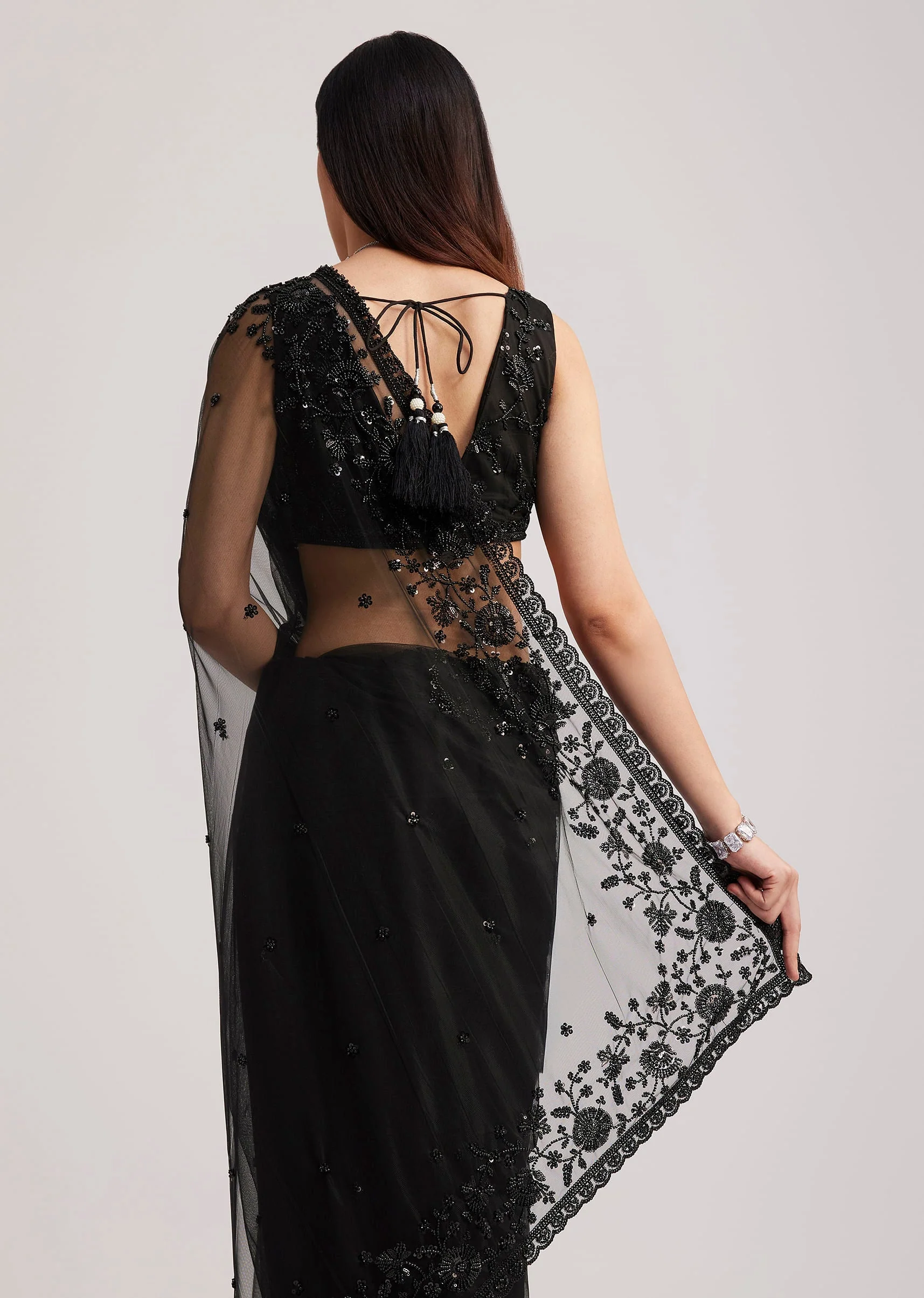 Black Net Heavy Embroidered Saree With Sequins And Stones - Image 6
