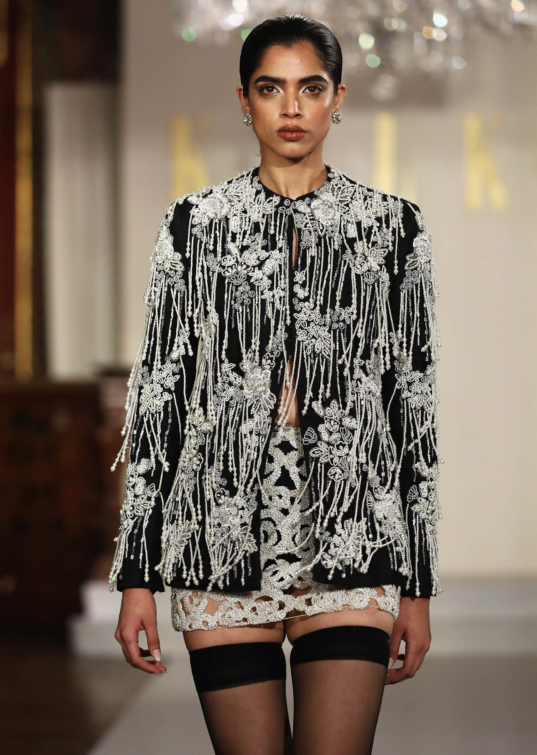 Black Net Indo Western Jacket And Skirt Set With Pearl Embroidery - Image 2