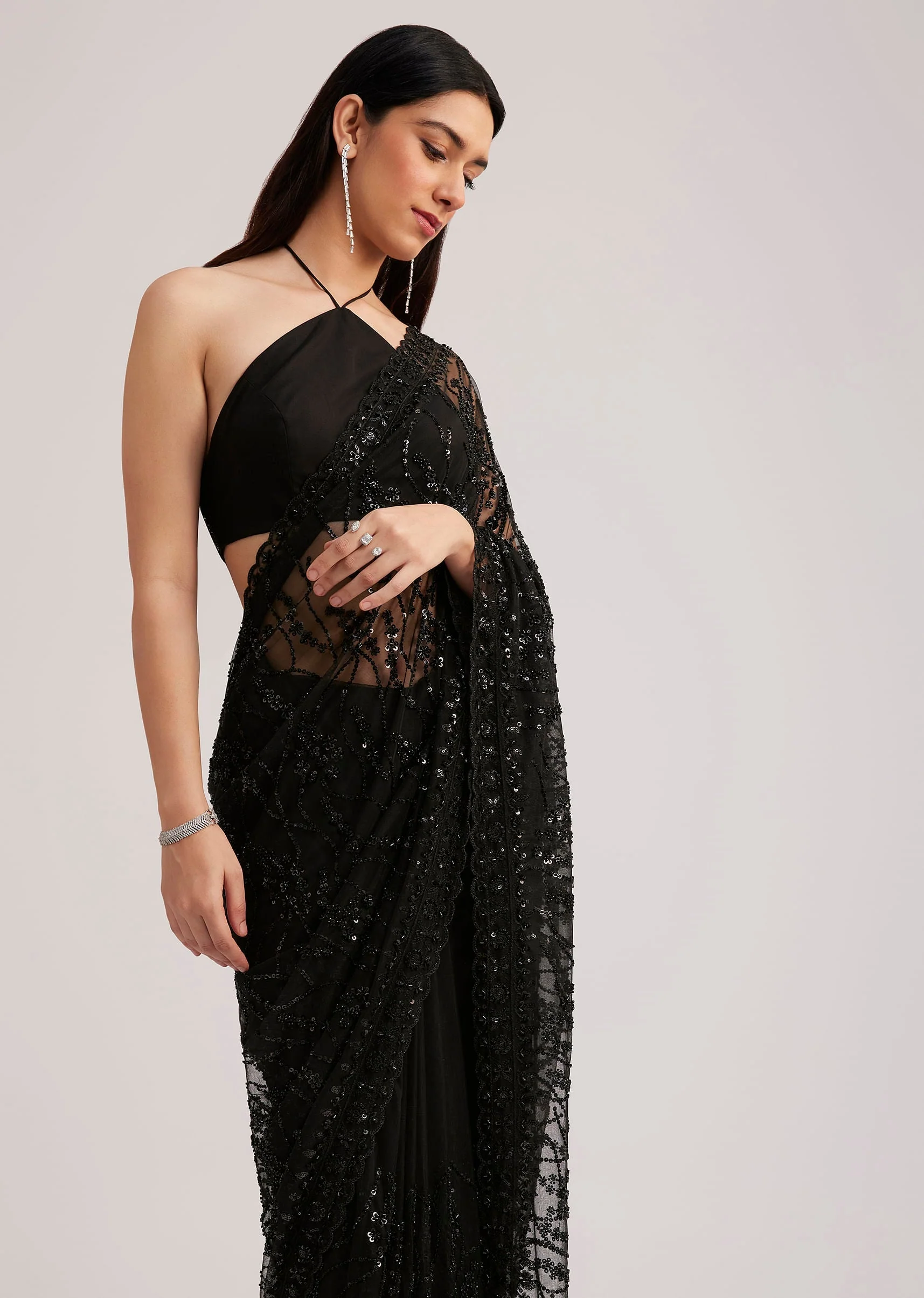 Black Net Saree Heavy Embroidered With Sequins And Stones - Image 2