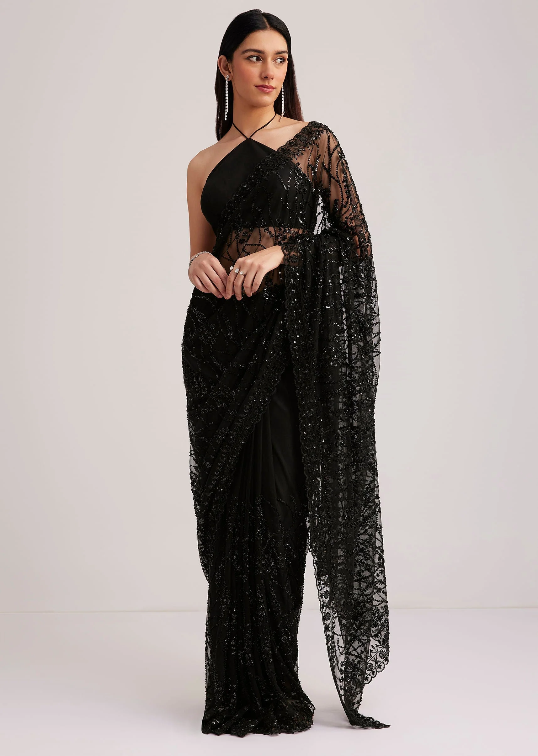 Black Net Saree Heavy Embroidered With Sequins And Stones - Image 3