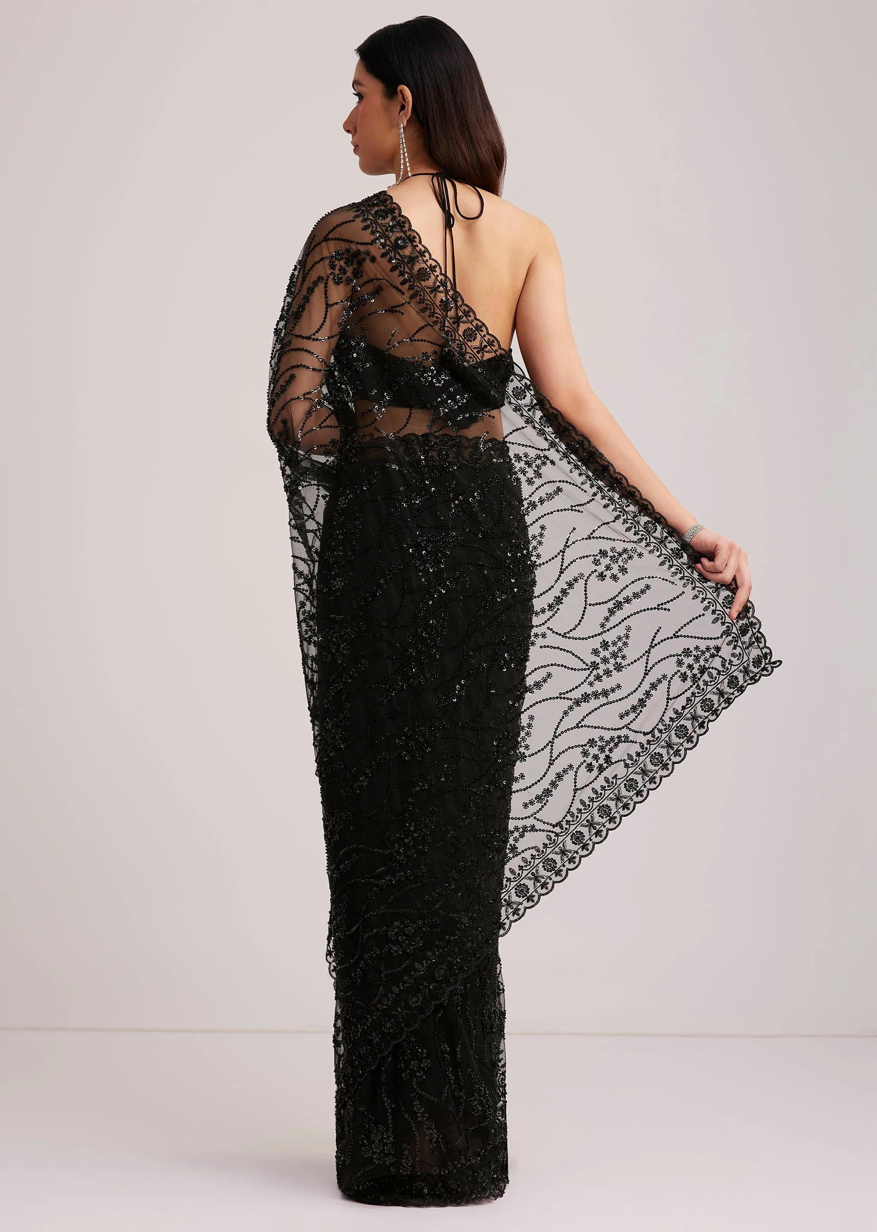 Black Net Saree Heavy Embroidered With Sequins And Stones - Image 4